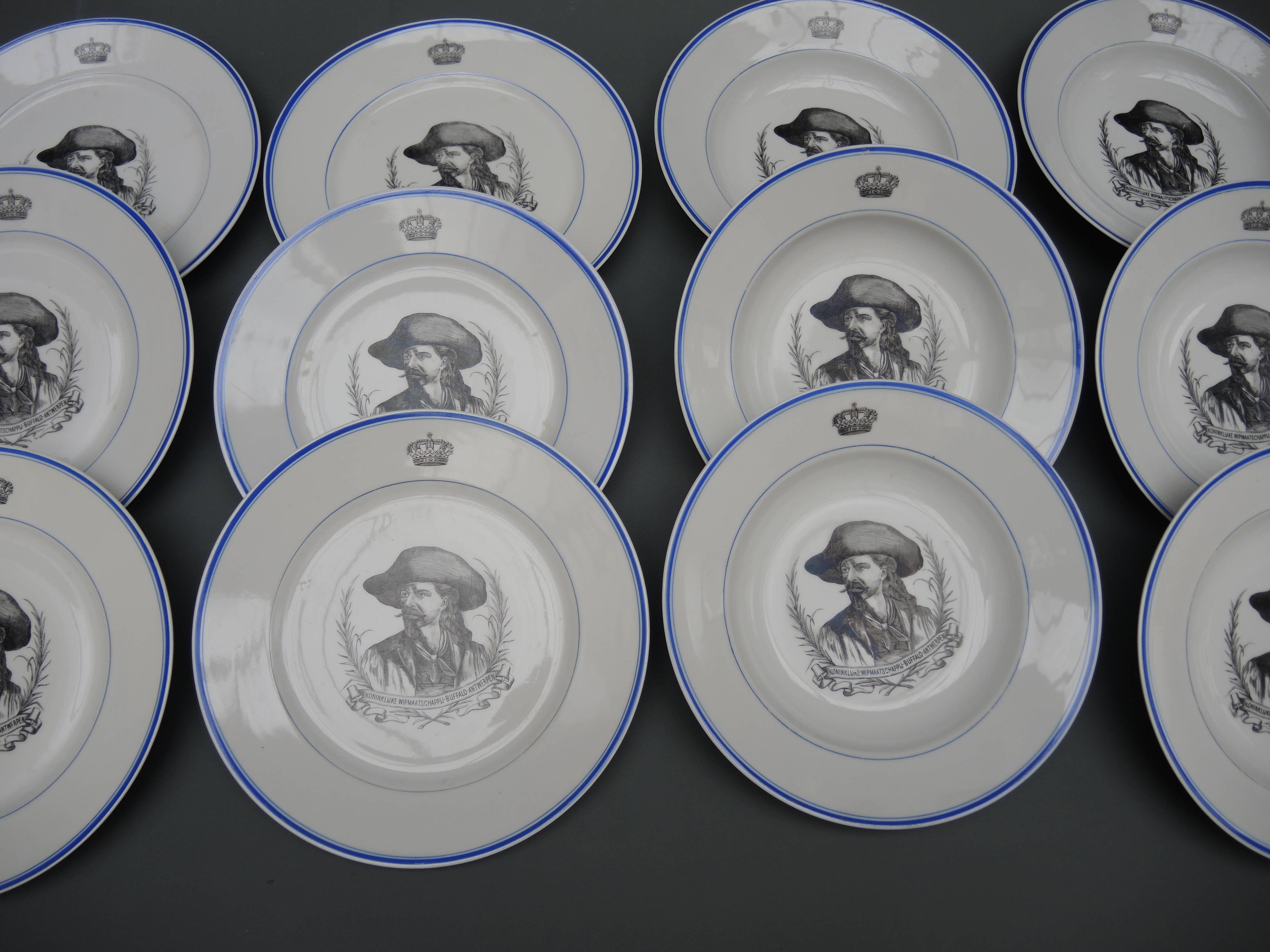 A set of six plates and six soup bowls from the Royal Archery Club "Buffalo" Antwerp, Belgium. The club was named after Buffalo Bill and used his image as part of their logo.
In September 1906 Buffalo Bill brought his "Wild West