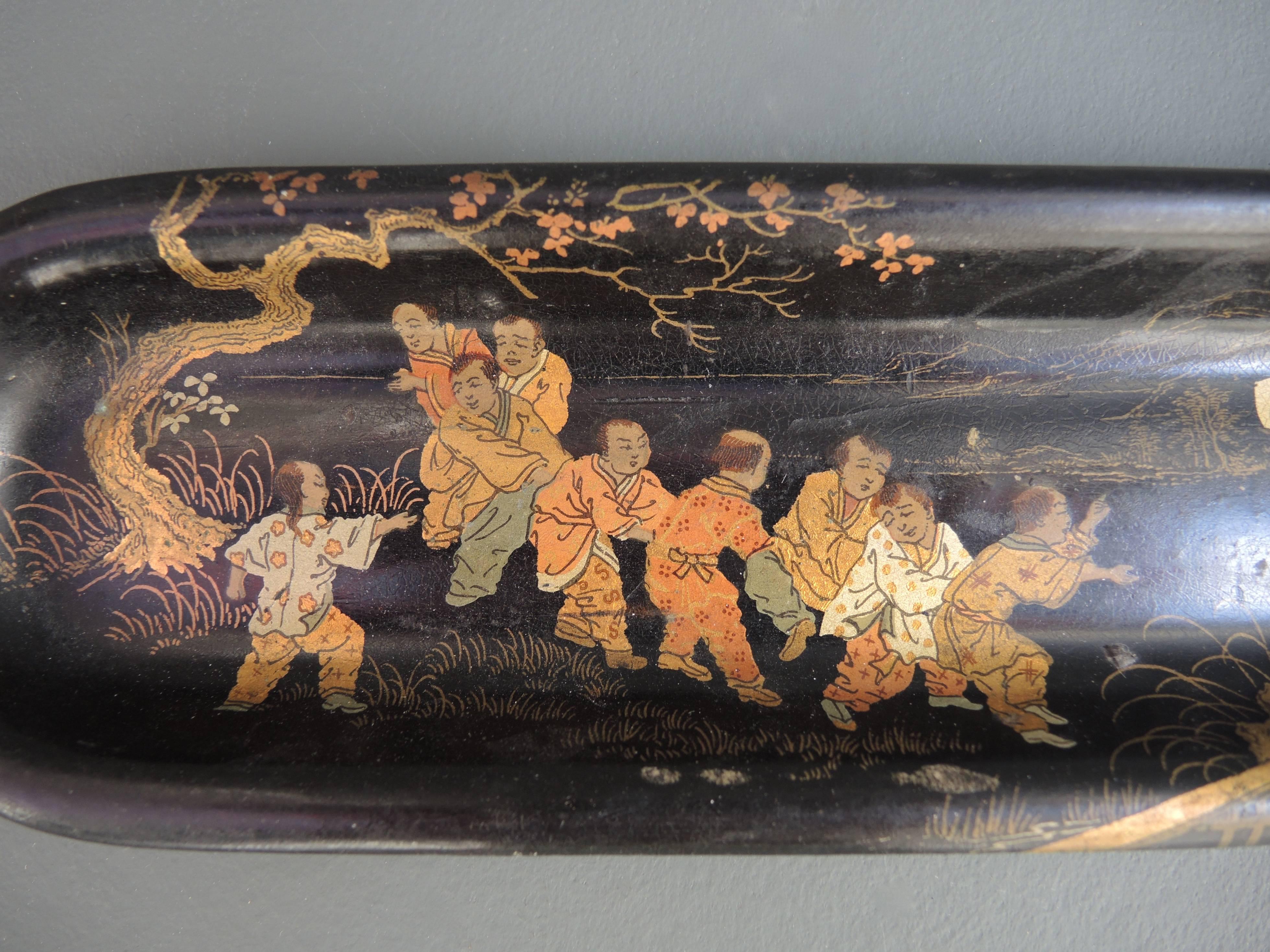 Beautifully detailed circa 1880 chinoiserie brush tray is perfect as a desk accessory for pens.