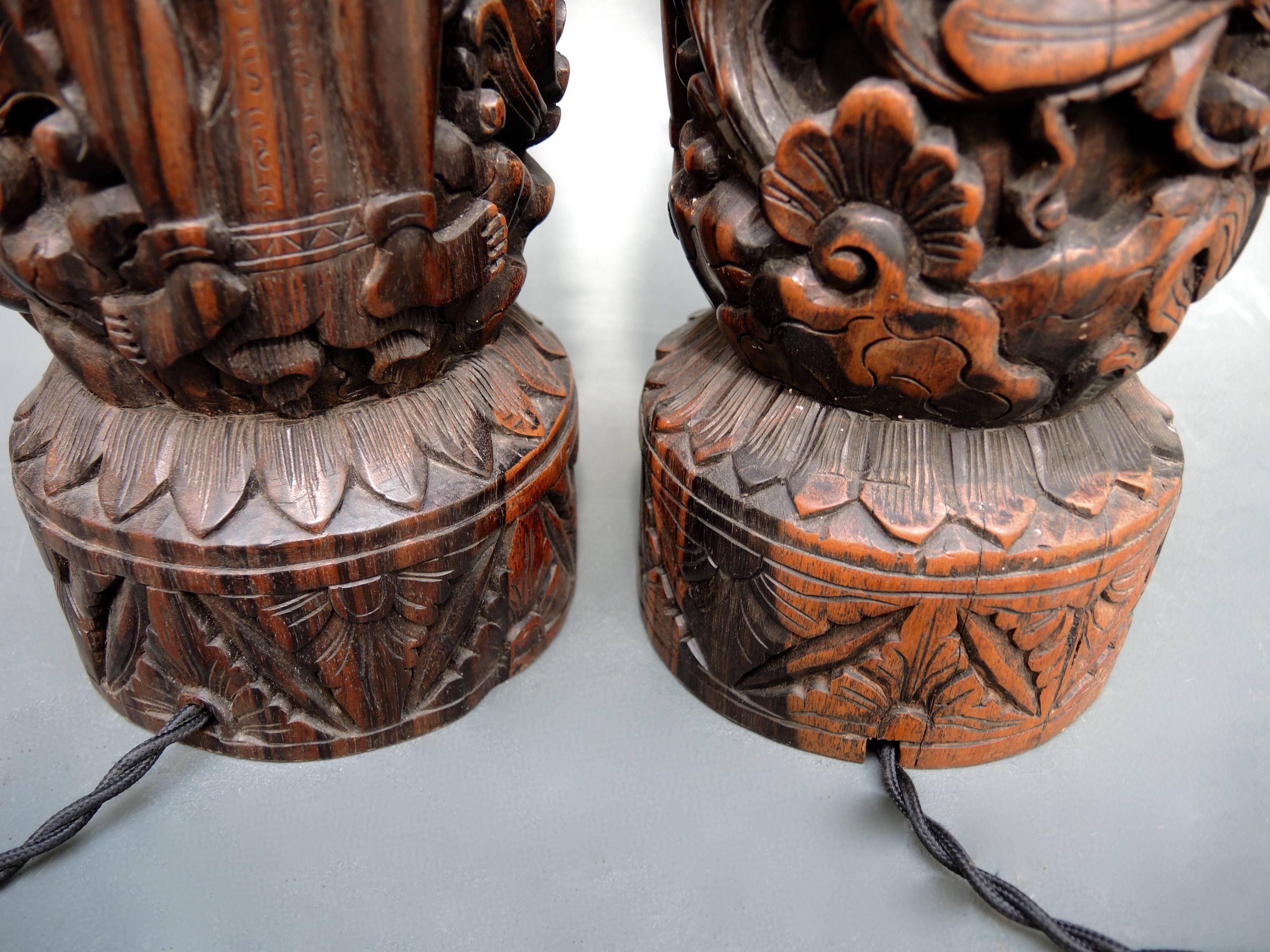 Two Vintage Indonesian Table Lamps Hand-Carved in Zebrawood For Sale 1