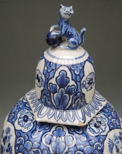 19th Century Ribbed Blue and White Delft Baluster Vase with Lid