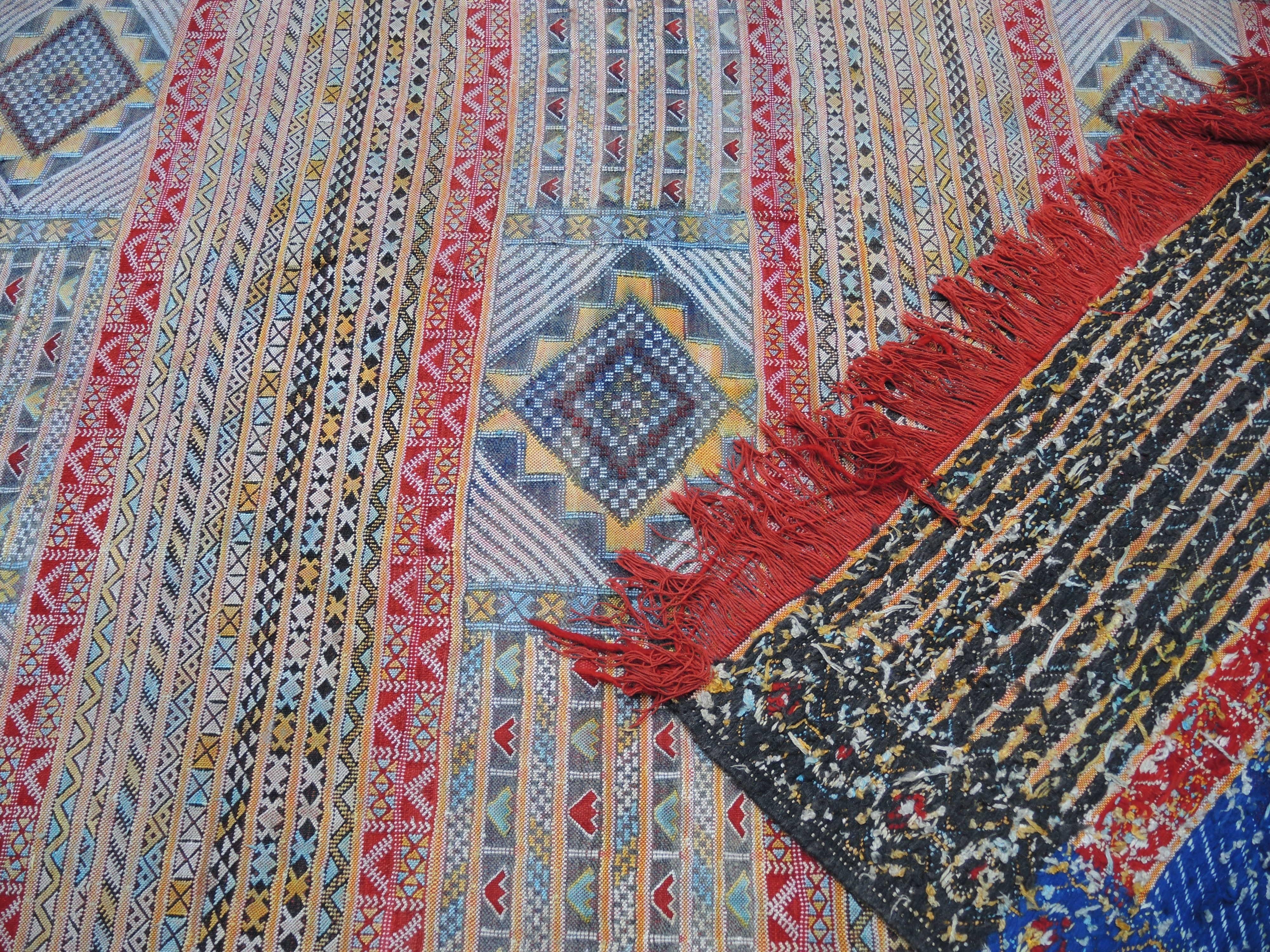 Bohemian Vintage Moroccan Silk and Wool Flat-Weave Kilim Carpet