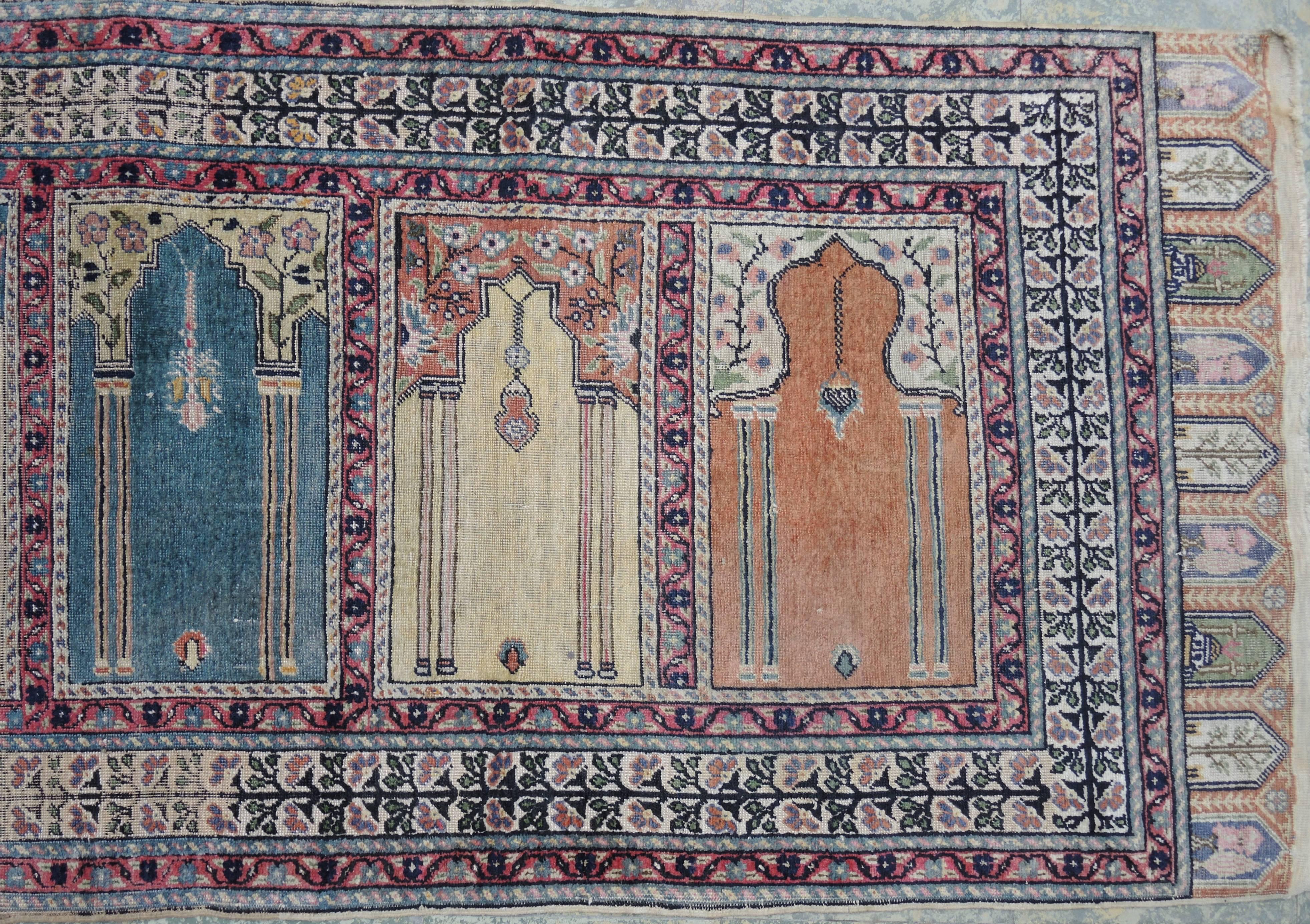 Cotton Antique Turkish Anatolian Kayseri Silk Rug with Architectural Arches and Pillars