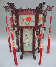 Large Vintage Chinese Lantern with Reverse Painted Glass Panels, circa 1940