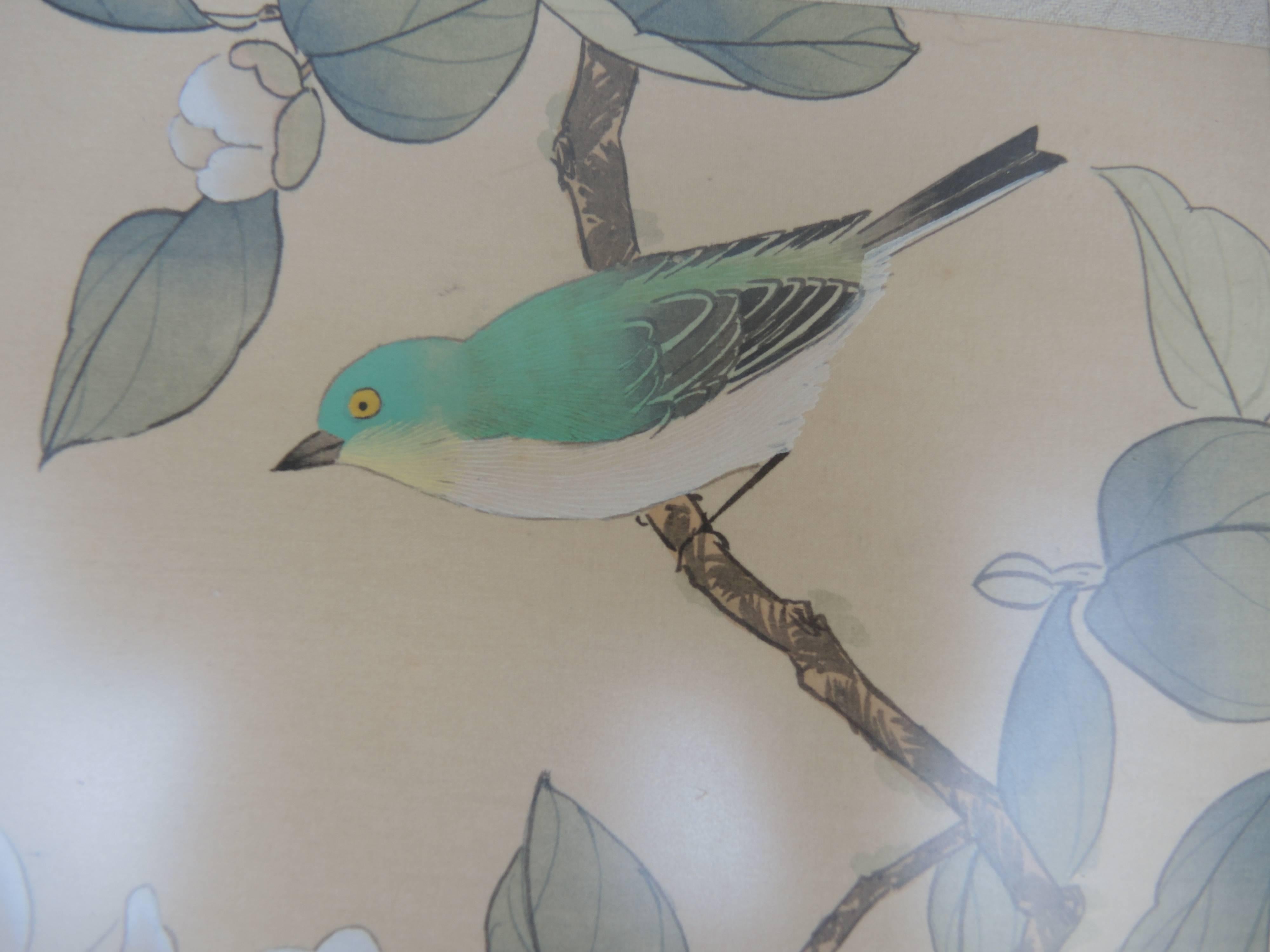 A group of five, circa 1950 Chinese paintings on silk of birds and seasonal flowers and foliage. Beautifully hand painted using extremely fine brushes and each is signed by the artist. In the original estate frames with silk damask mats.