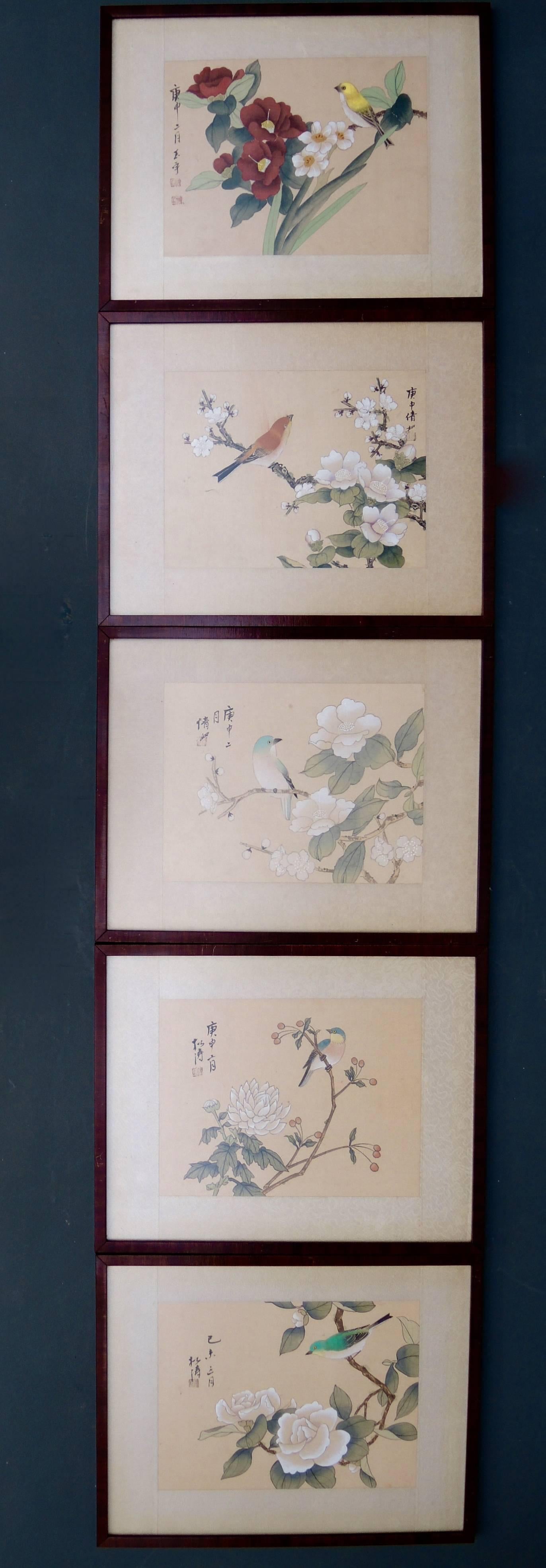 20th Century Five Vintage Chinoiserie Style Chinese Paintings of Birds and Flowers on Silk