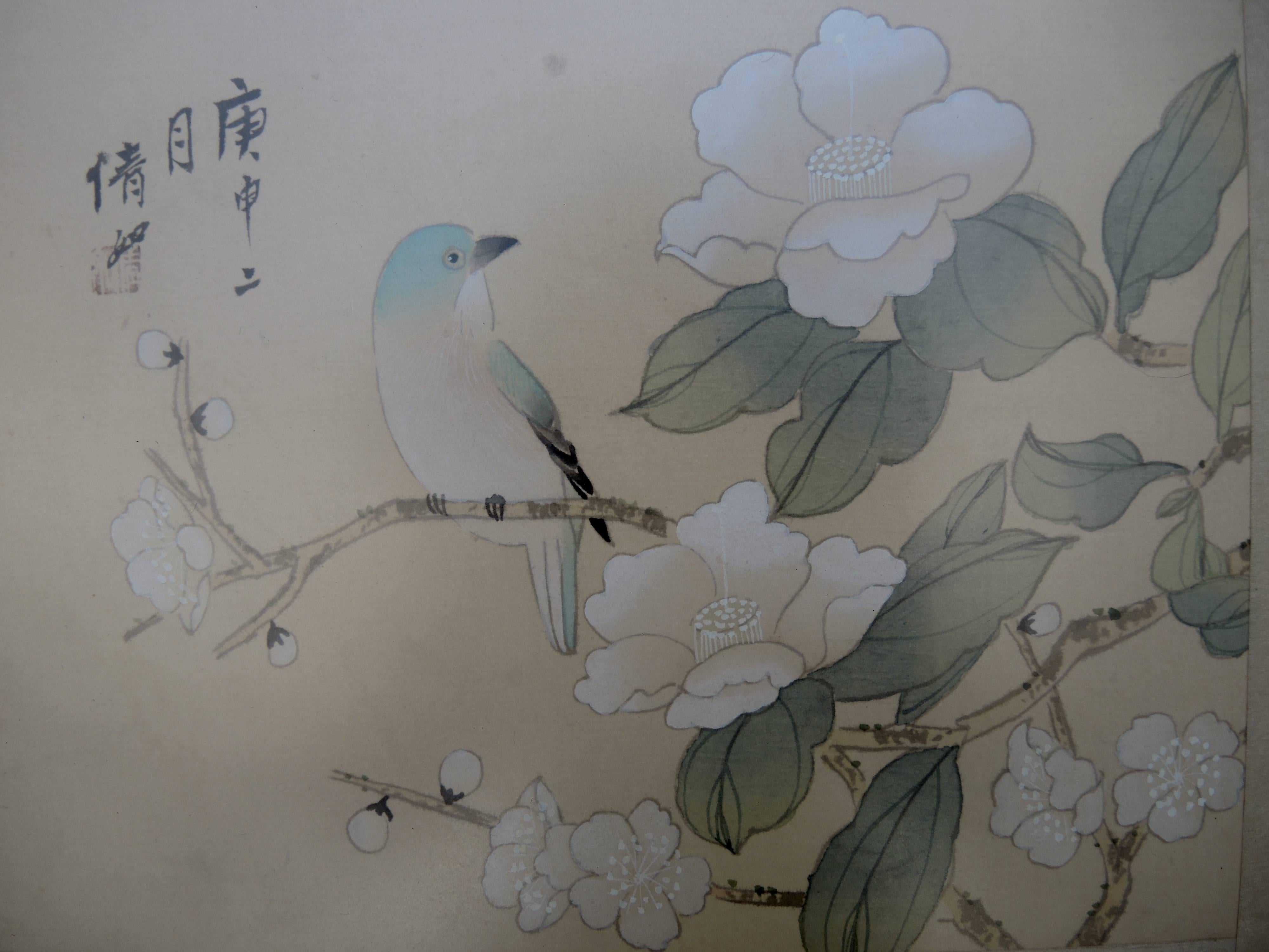 Hand-Painted Five Vintage Chinoiserie Style Chinese Paintings of Birds and Flowers on Silk