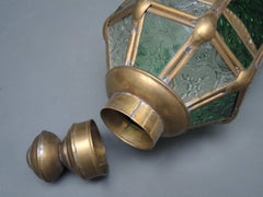 Pair of Vintage Brass and Pressed Glass Moroccan Candle Lanterns