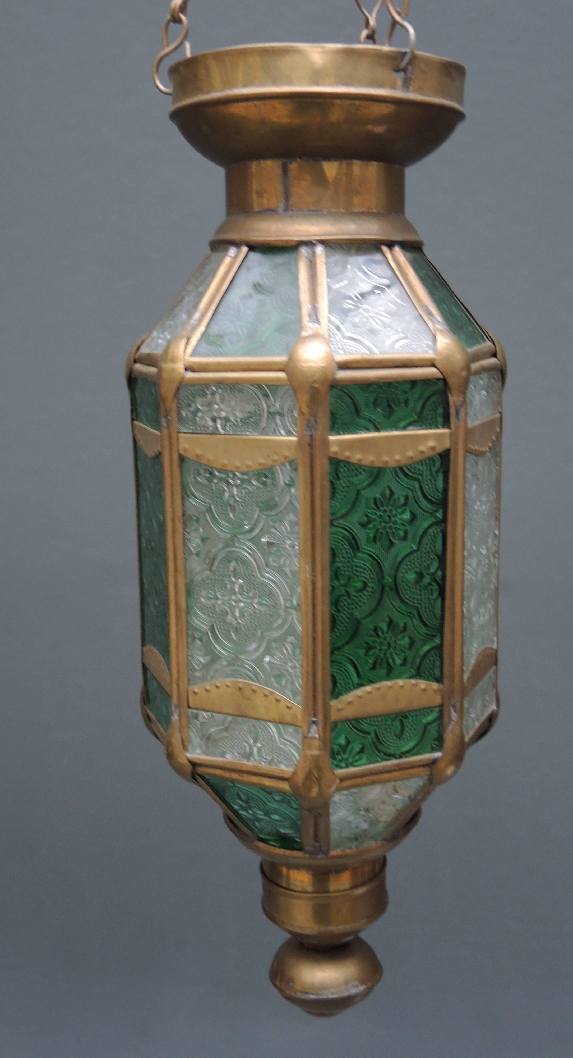 Bohemian Pair of Vintage Brass and Pressed Glass Moroccan Candle Lanterns