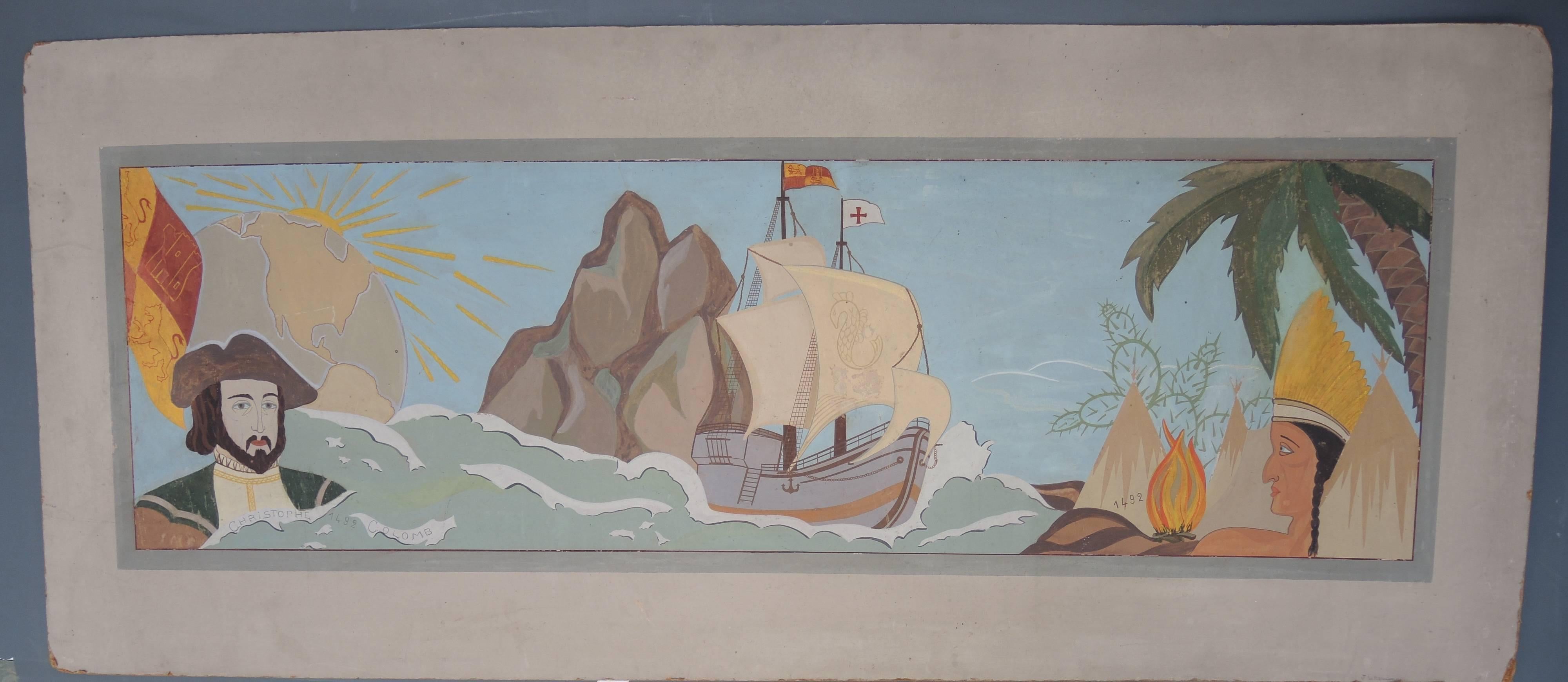 Paper Painted Panel from a Theatre Illustrating Columbus 1492 Voyage to America For Sale