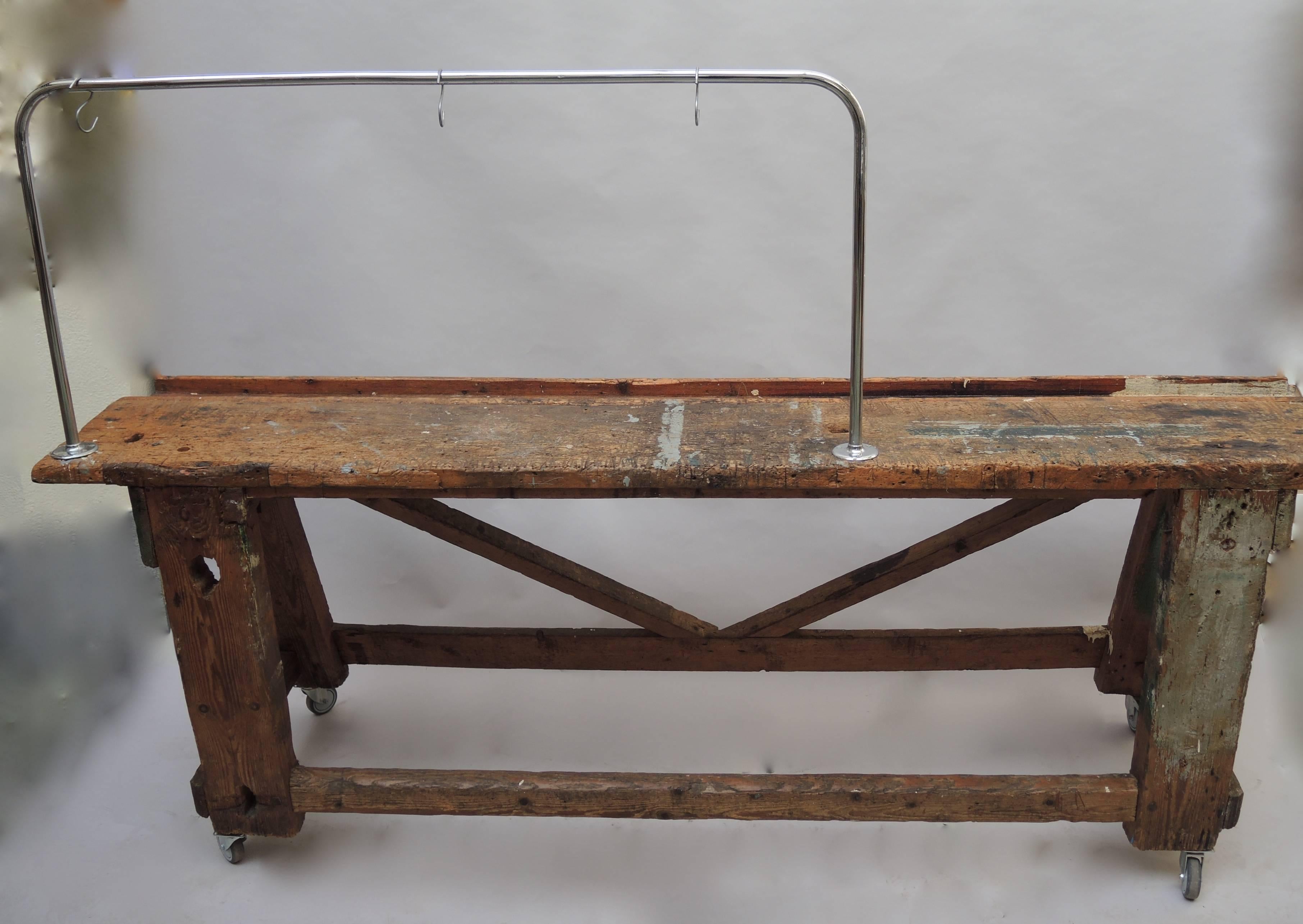 20th Century Belgian Carpenters Work Bench Table with Tool Hanging Rack For Sale