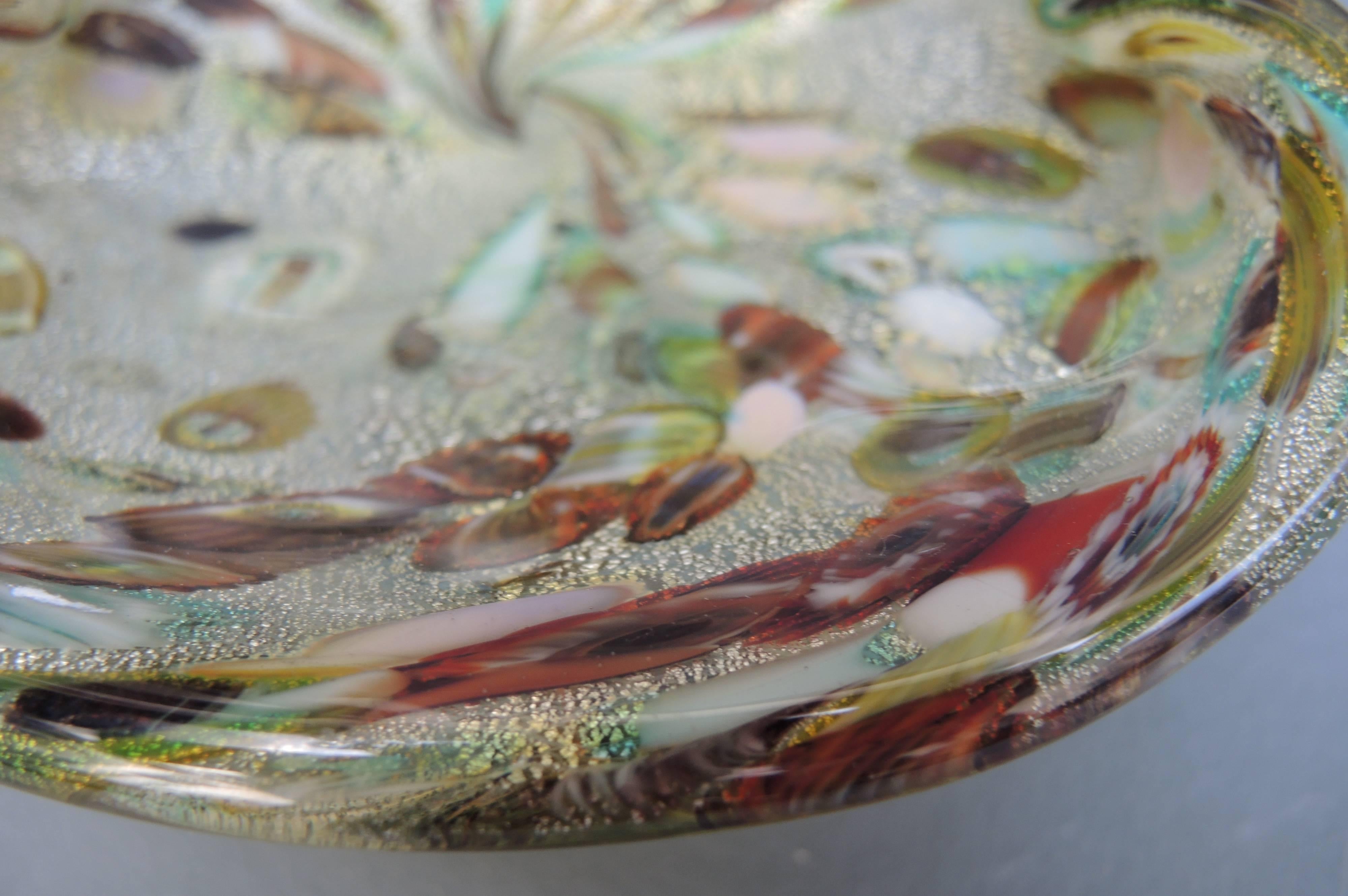 Mid-Century Modern Aldo Nason Murano Art Glass Bowl with Murrine Decorations and Gold Leaf Flecks For Sale