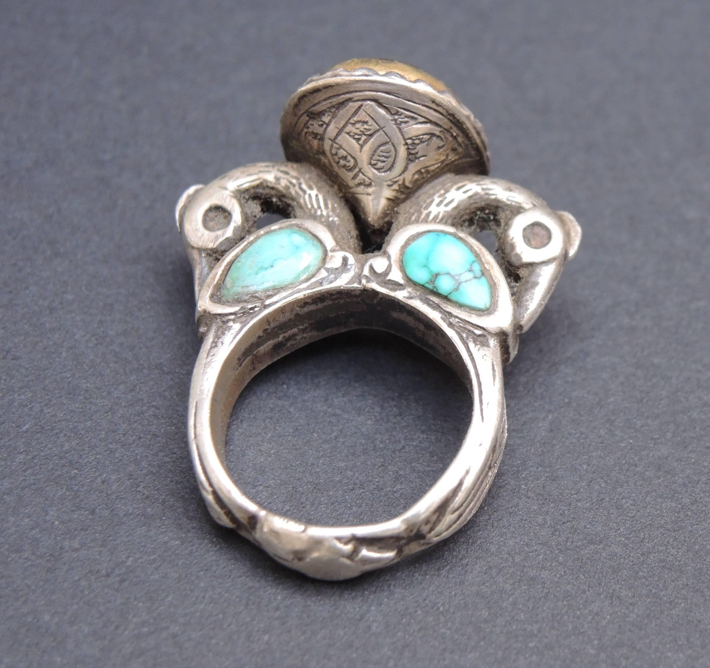 Bohemian Ethnic Carnelian and Turquoise Intaglio Ring