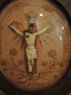 19th Century Flemish Straw Work Folk Art Crucifix Bowed Glass Shadow Box