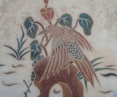 Pair of Framed Batik Drawings on Cotton of Birds