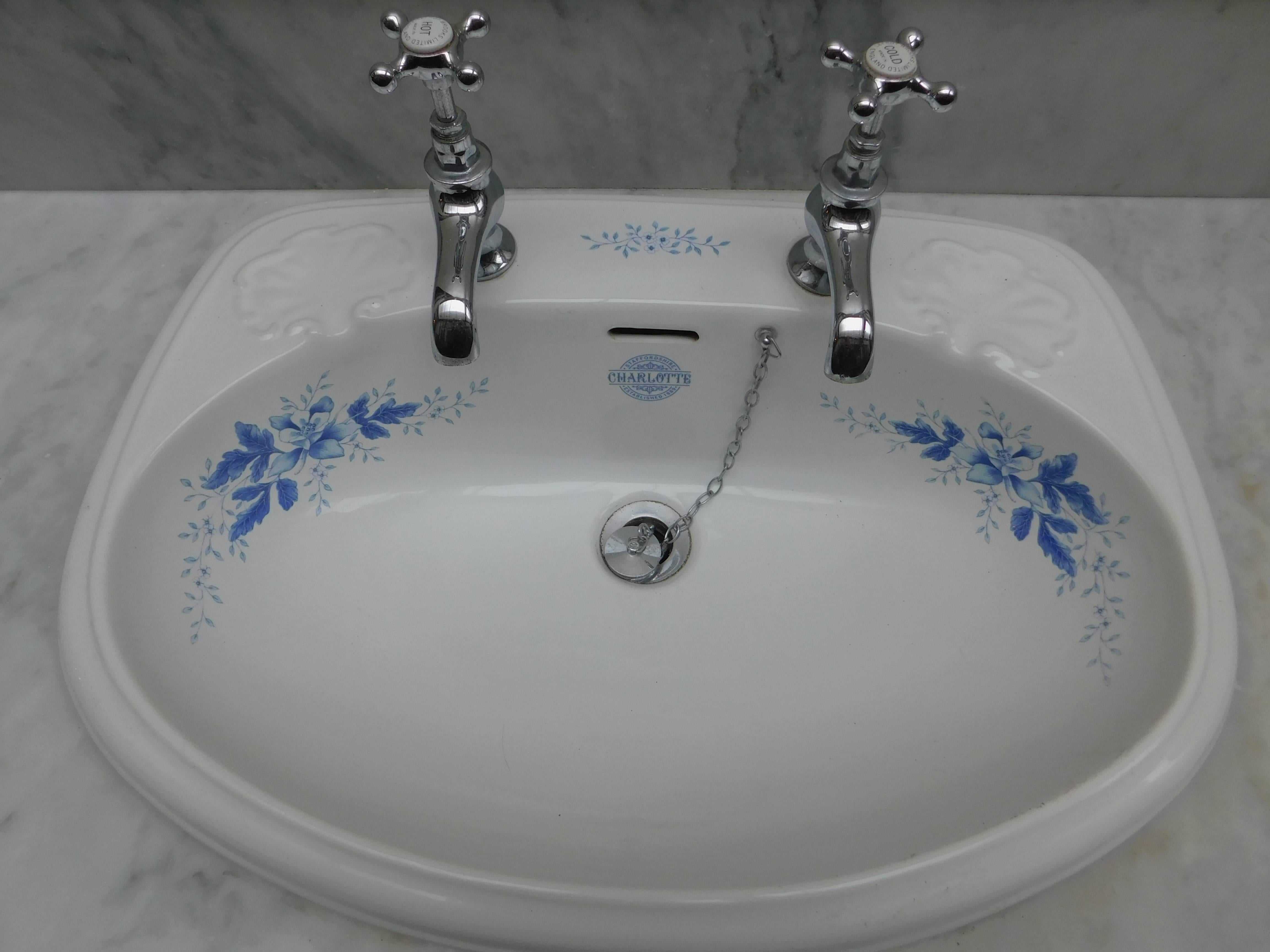 British Antique Marble Top Sink Vanity with Mirror and Blue and White Porcelain Sink