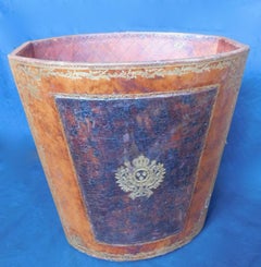 Vintage French Waste Paper Basket leather with Gold Embossed Decoration