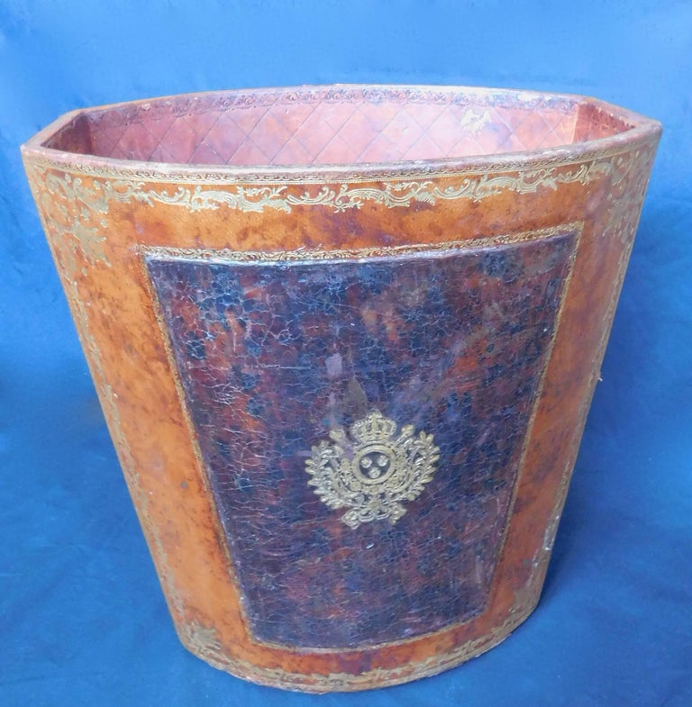 Vintage French Waste Paper Basket leather with Gold Embossed Decoration