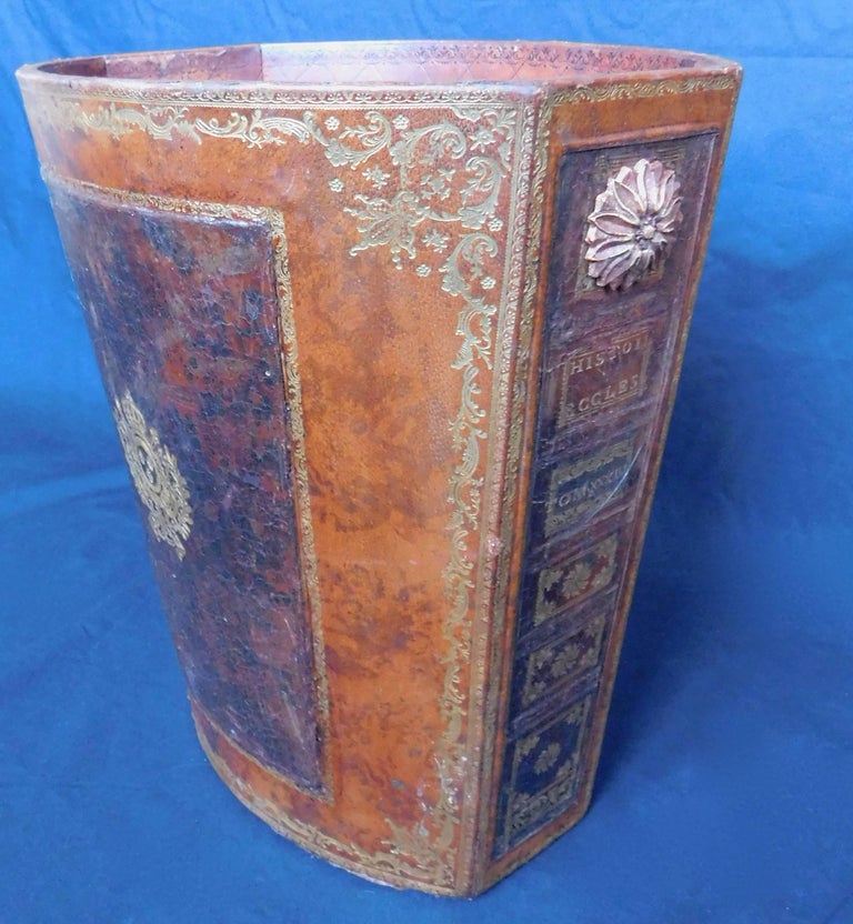 Vintage French Waste Paper Basket leather with Gold Embossed Decoration