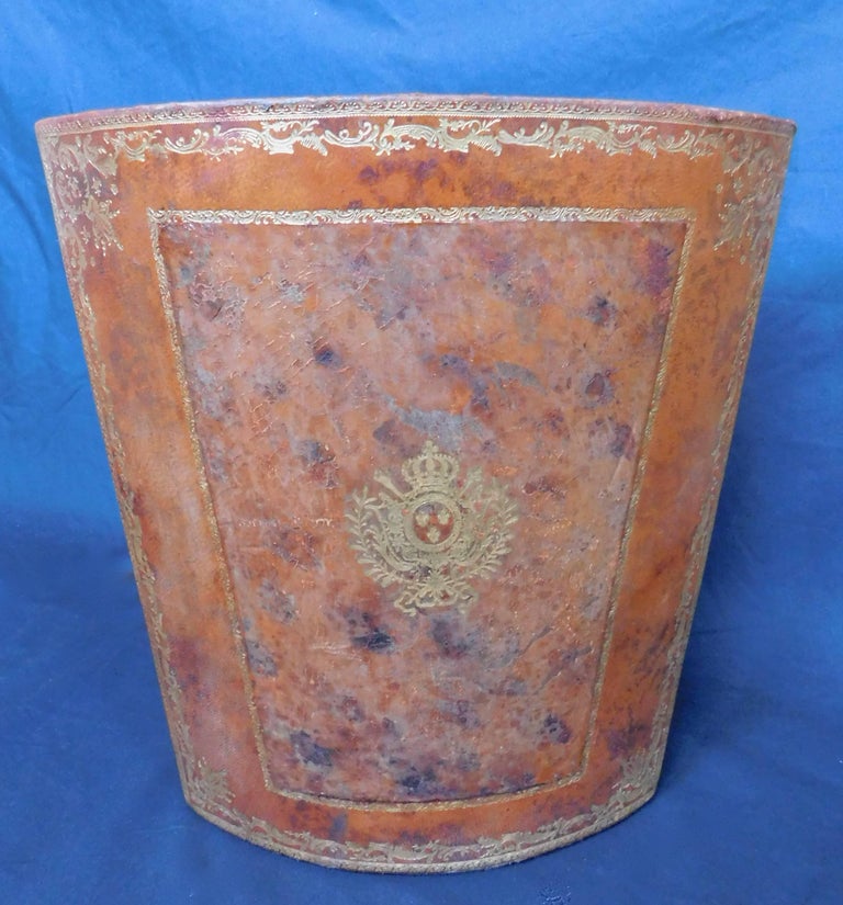 Vintage French Waste Paper Basket leather with Gold Embossed Decoration