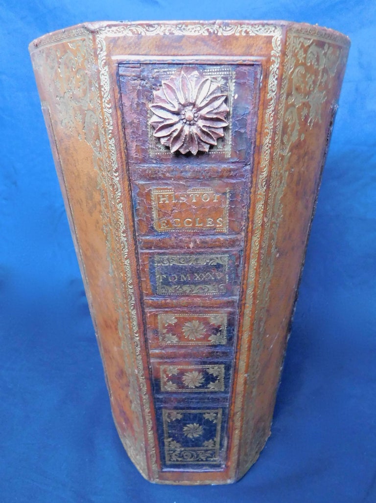 Vintage French Waste Paper Basket leather with Gold Embossed Decoration