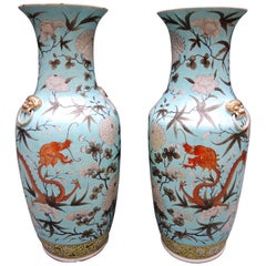 Pair of 19th Century Chinese Baluster Vases Blue and Yellow with Dragons