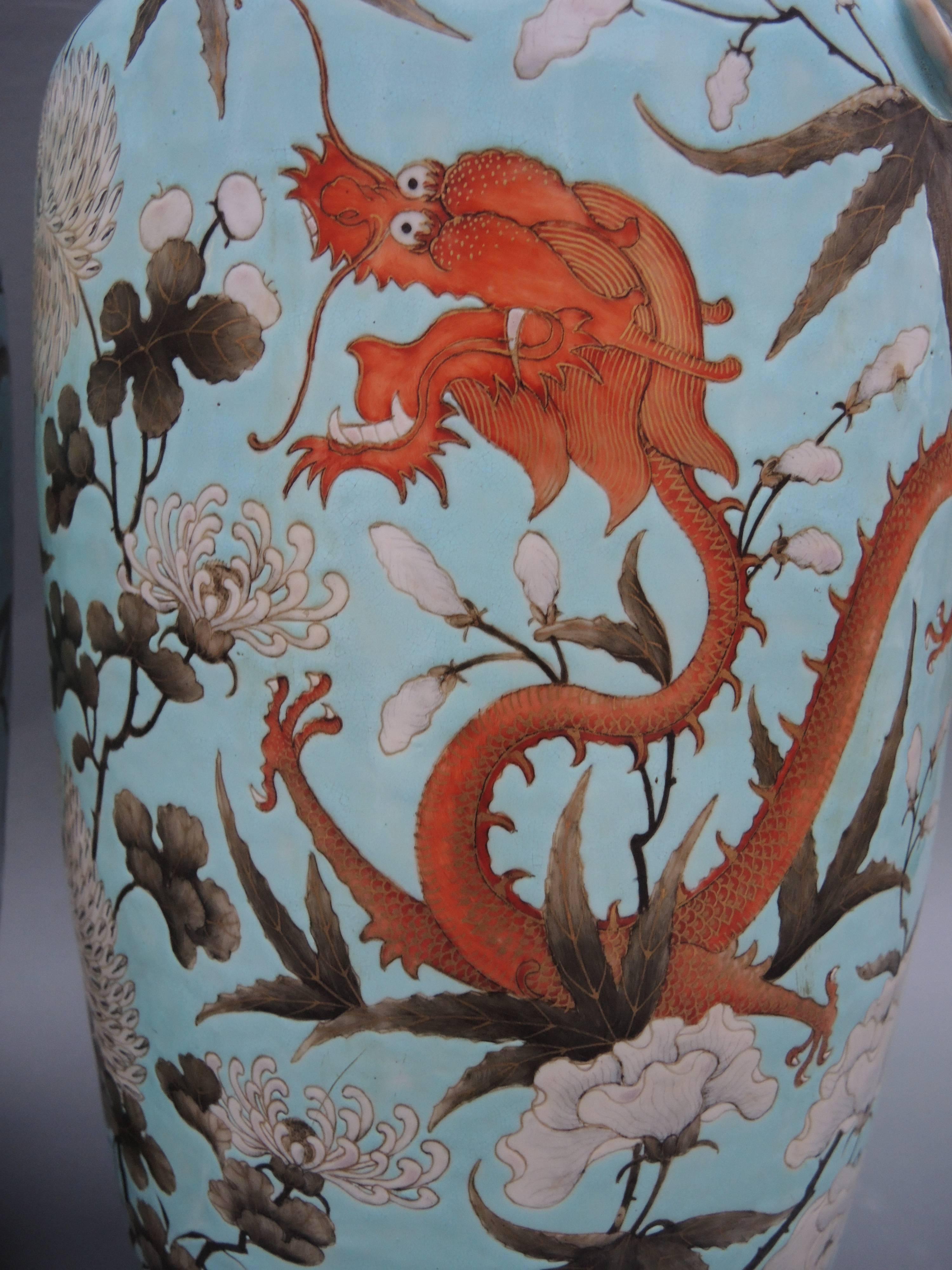 Pair of 19th Century Chinese Baluster Vases Blue and Yellow with Dragons In Fair Condition In Antwerp, BE