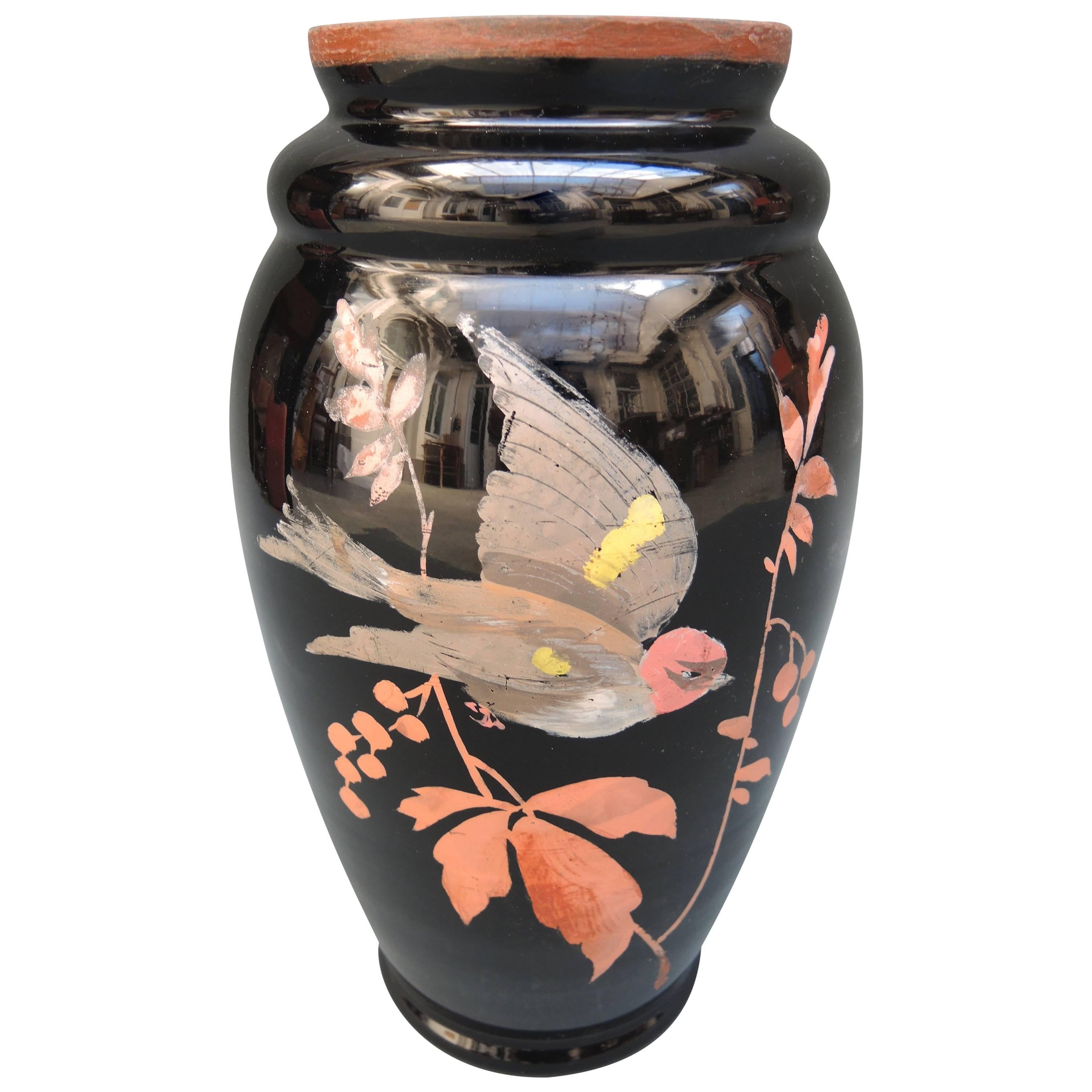 French Art Deco Black Glass Vase with Hand Painted Bird Design For Sale
