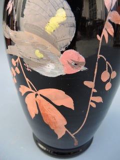 French Art Deco Black Glass Vase with Hand Painted Bird Design