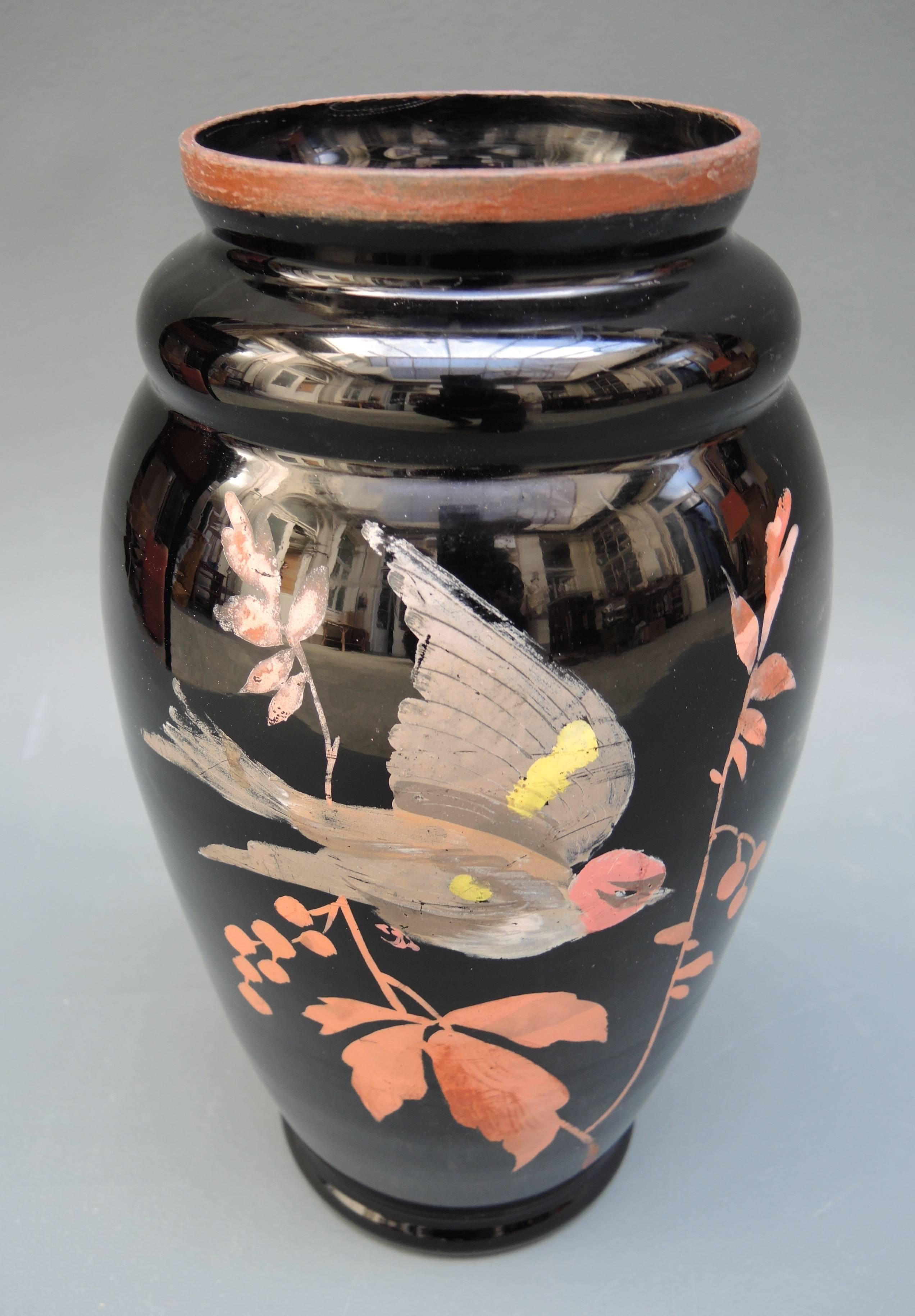 20th Century French Art Deco Black Glass Vase with Hand Painted Bird Design For Sale