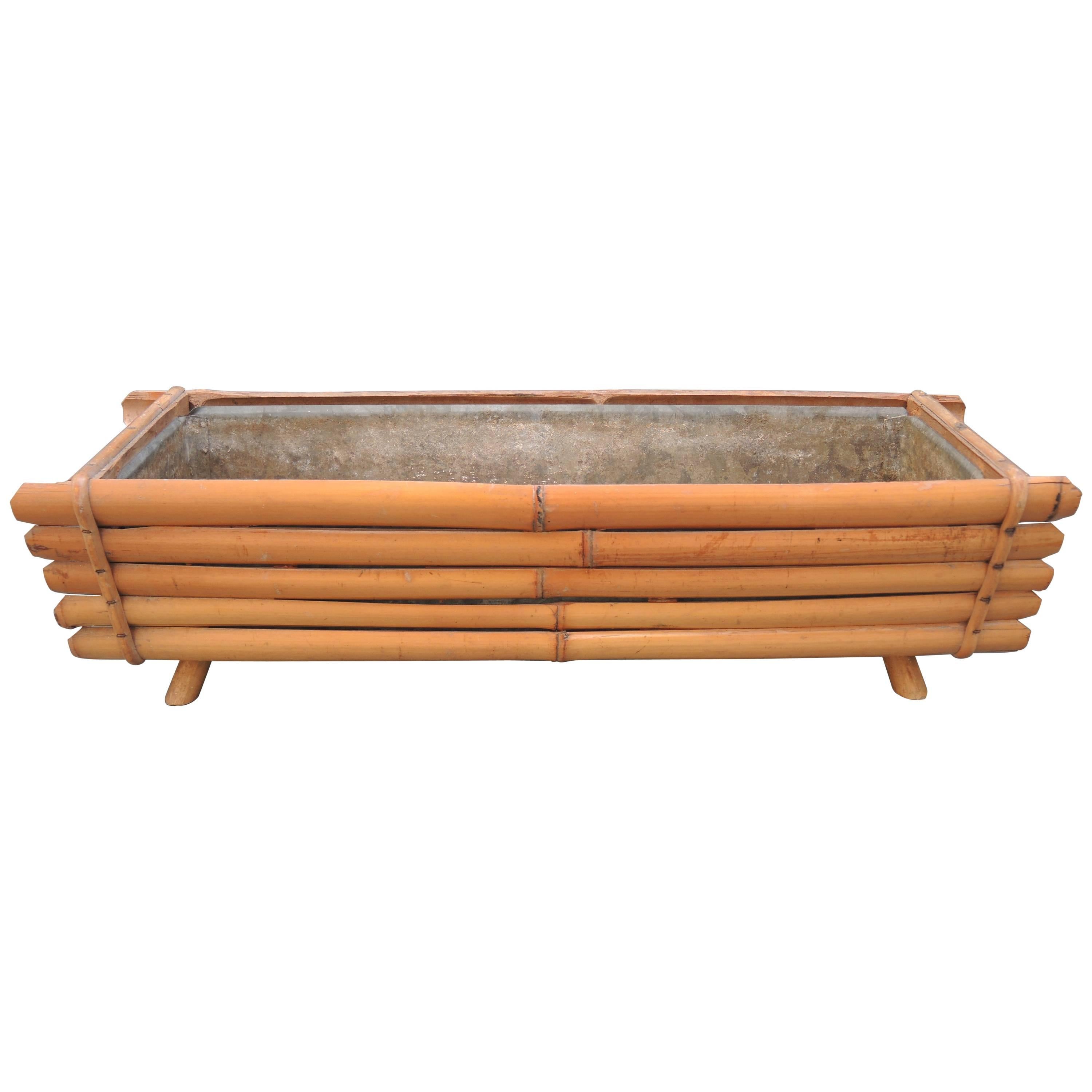 Midcentury Bamboo Planter with Zinc Liner For Sale