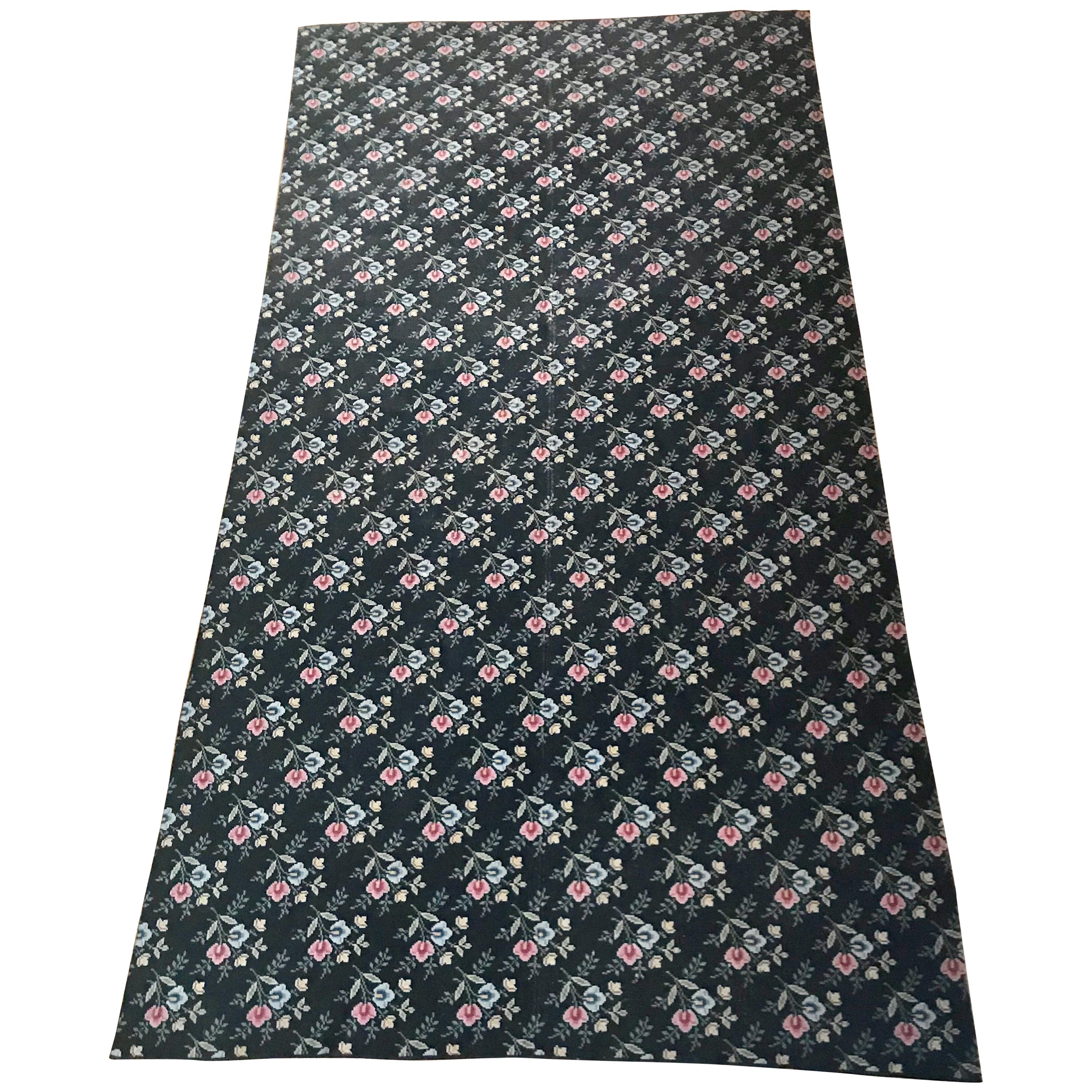Huge Antique Black French Cross Stitch Wool Carpet Madeleine Castaing For Sale