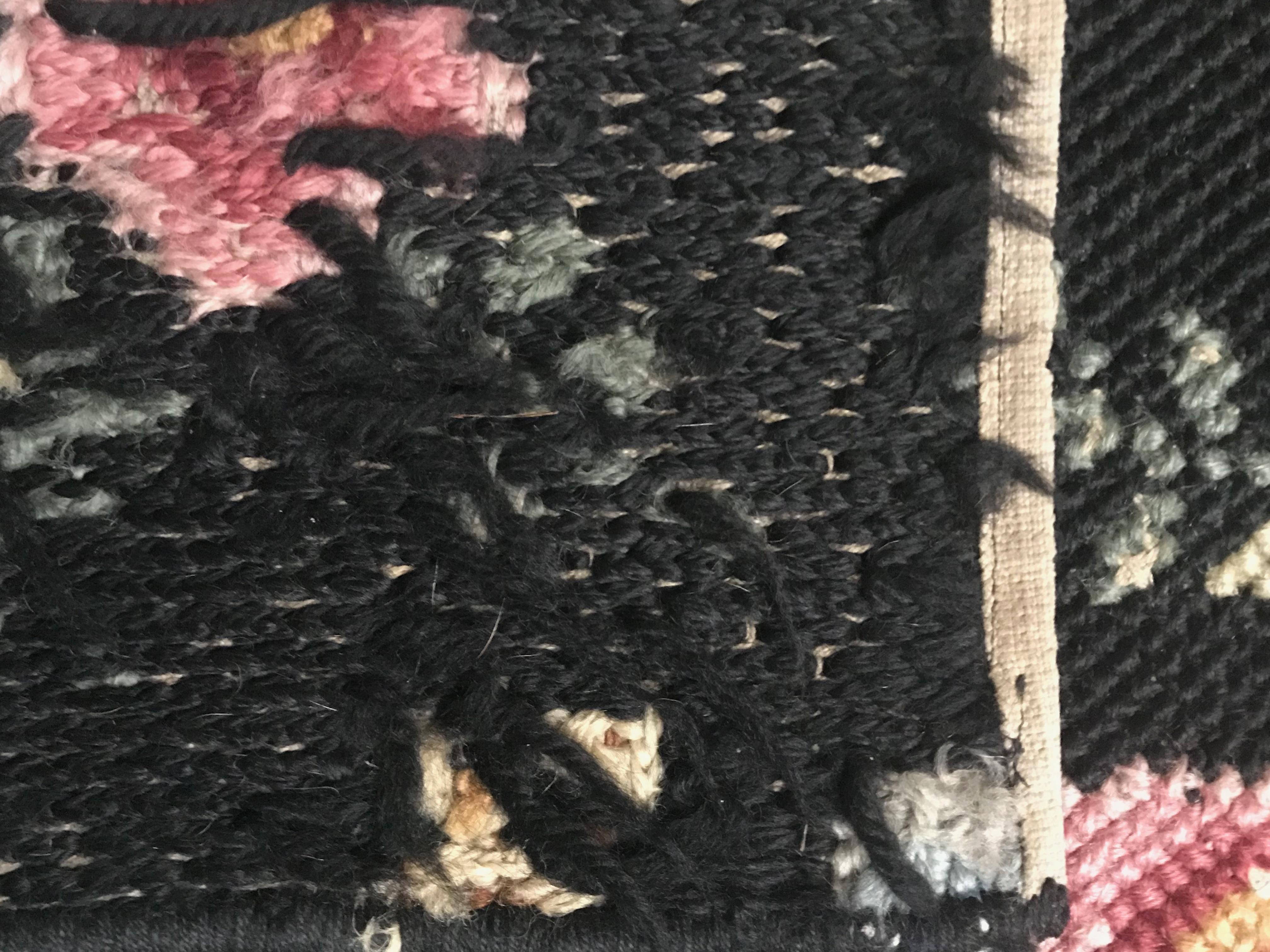 Needlework Huge Antique Black French Cross Stitch Wool Carpet Madeleine Castaing For Sale