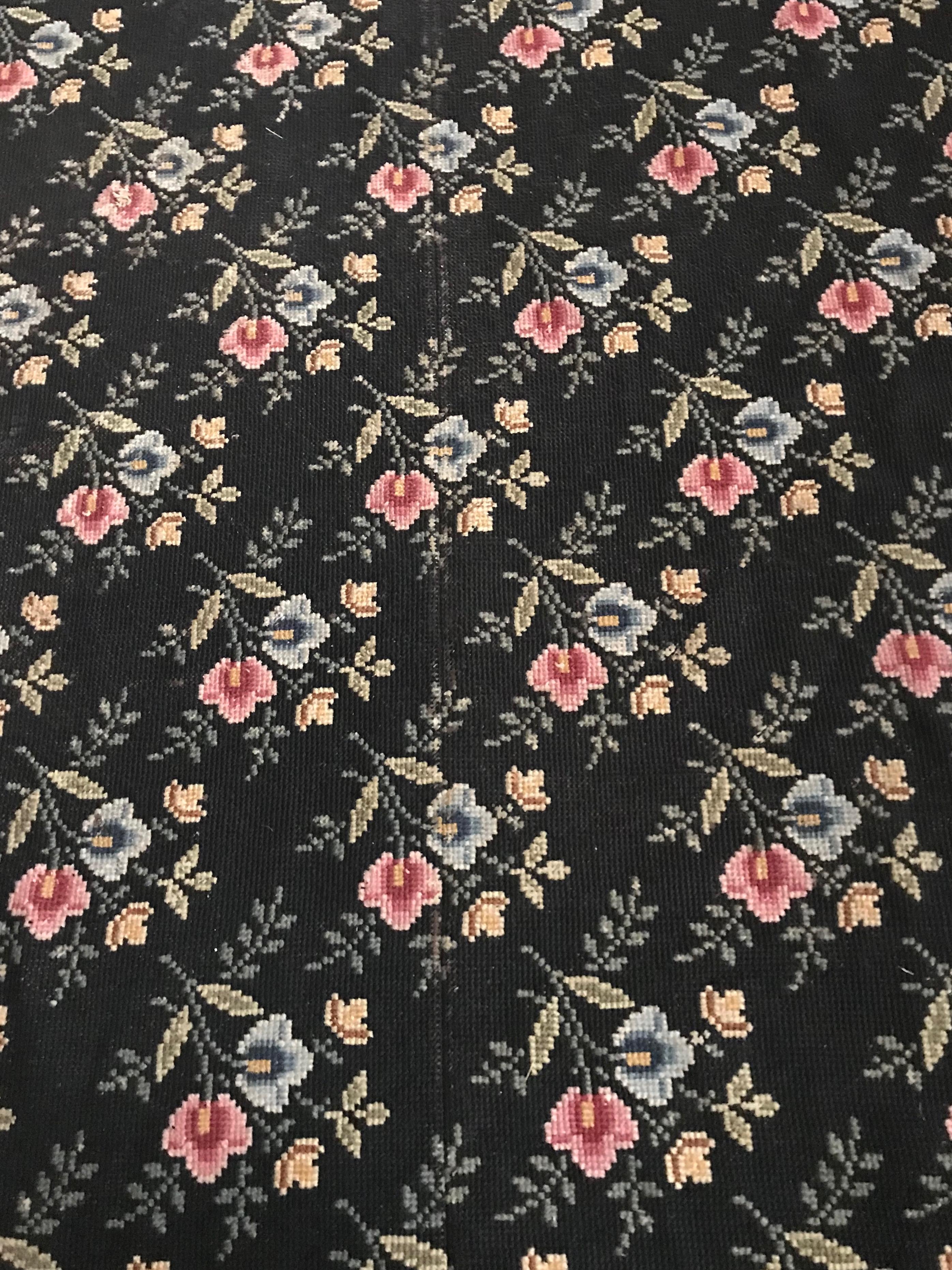 Huge Antique Black French Cross Stitch Wool Carpet Madeleine Castaing For Sale 1