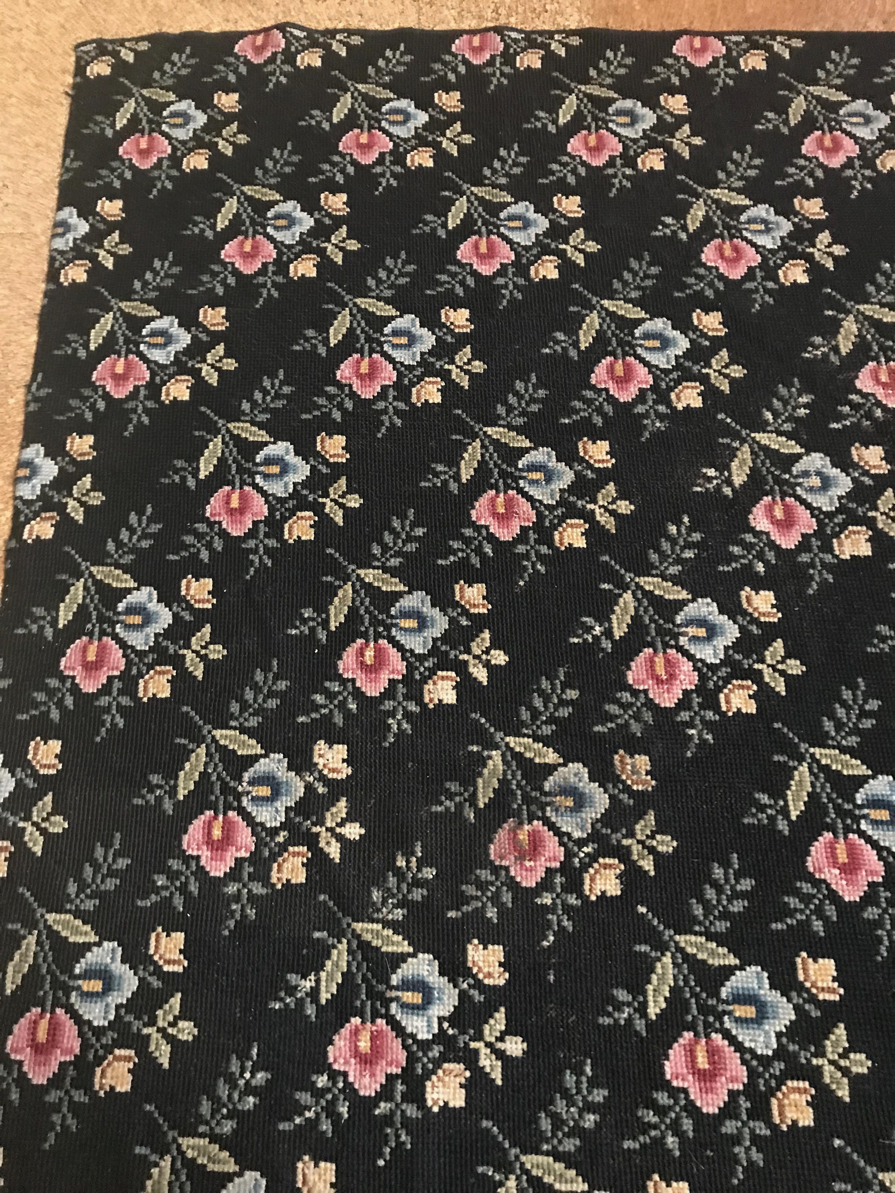 Huge Antique Black French Cross Stitch Wool Carpet Madeleine Castaing For Sale 2