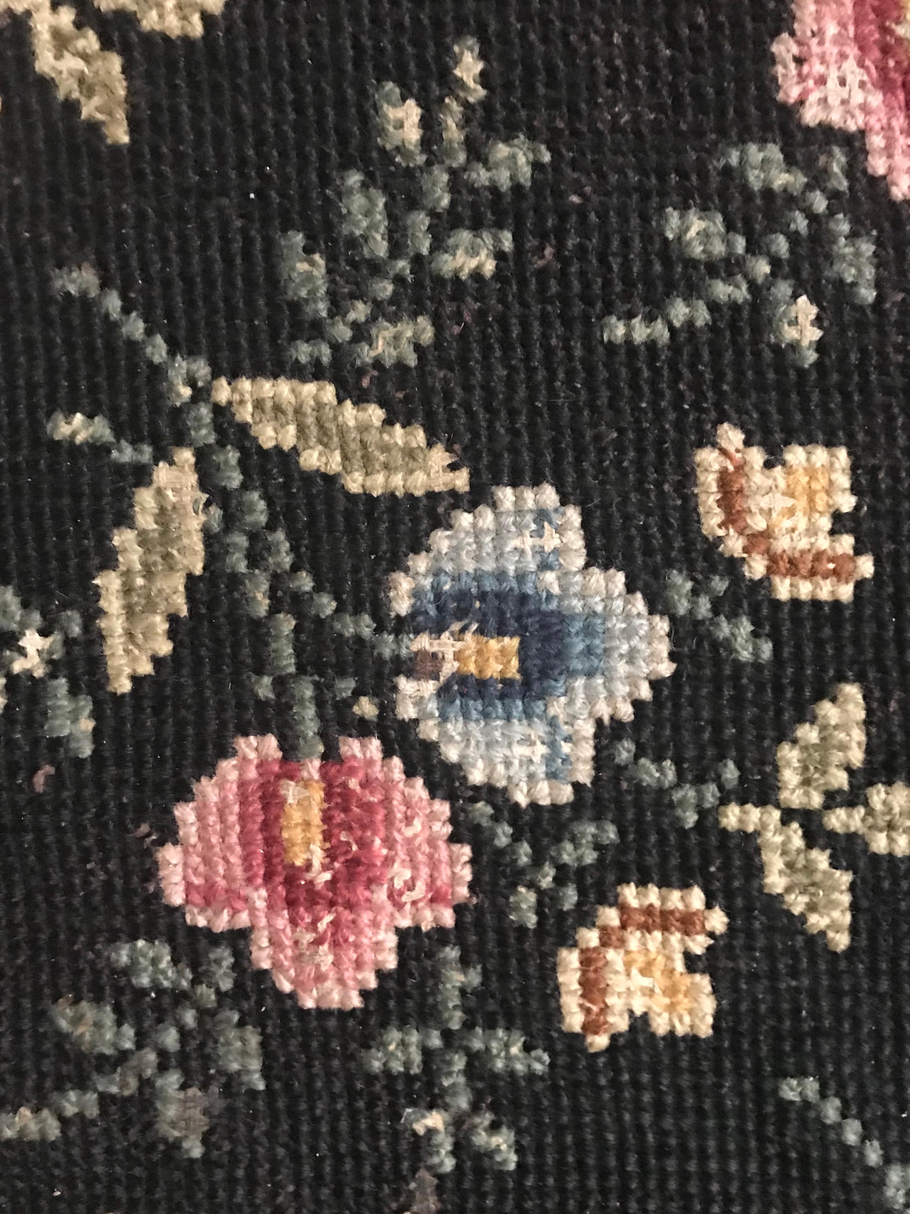 Huge Antique Black French Cross Stitch Wool Carpet Madeleine Castaing For Sale 3