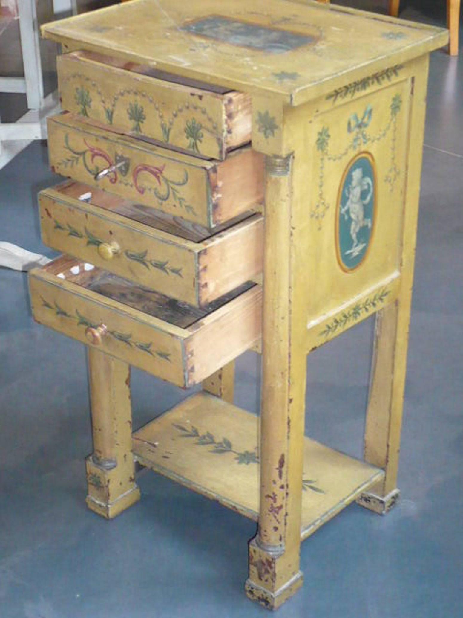 19th Century Austrian Side Table with Three-Drawers and Paintings of Angels (Obstholz)