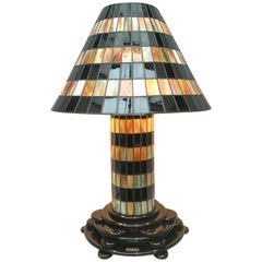  Large Belgian Art Deco Black and Gold Stained Leaded Glass Lamp, circa 1930