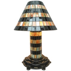 Large Belgian Art Deco Black and Gold Stained Leaded Glass Lamp, circa 1930