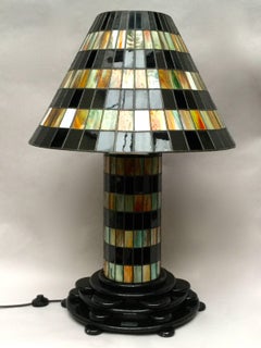 Large Belgian Art Deco Black and Gold Stained Leaded Glass Lamp, circa 1930