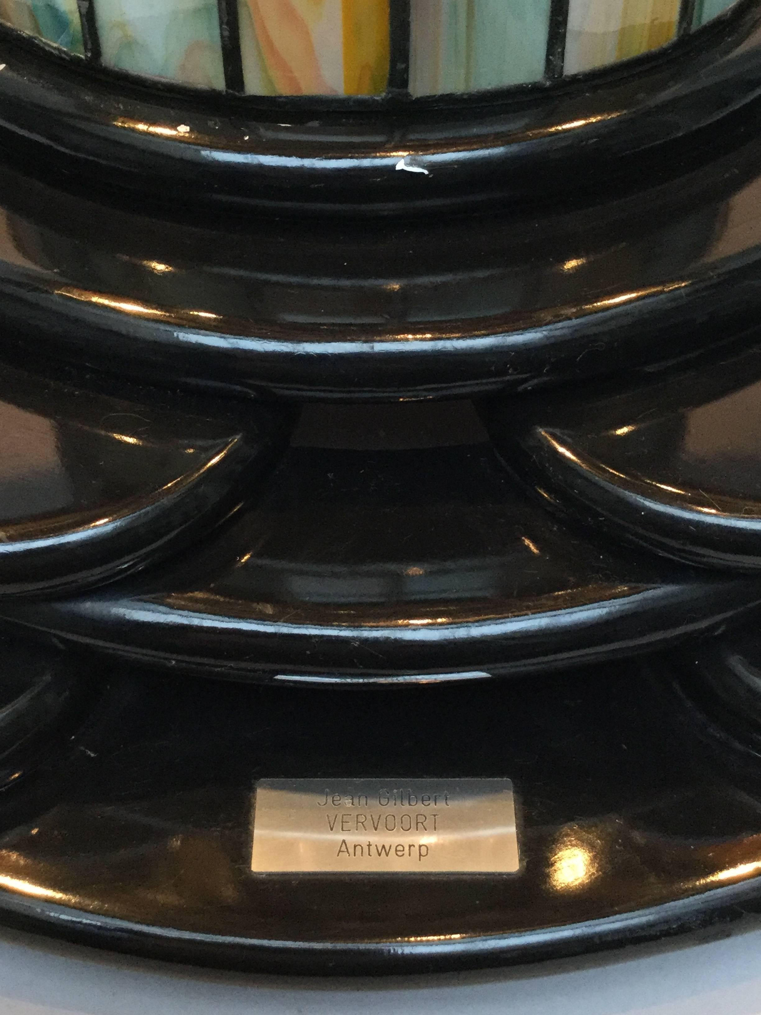 20th Century Large Belgian Art Deco Black and Gold Stained Leaded Glass Lamp, circa 1930 For Sale