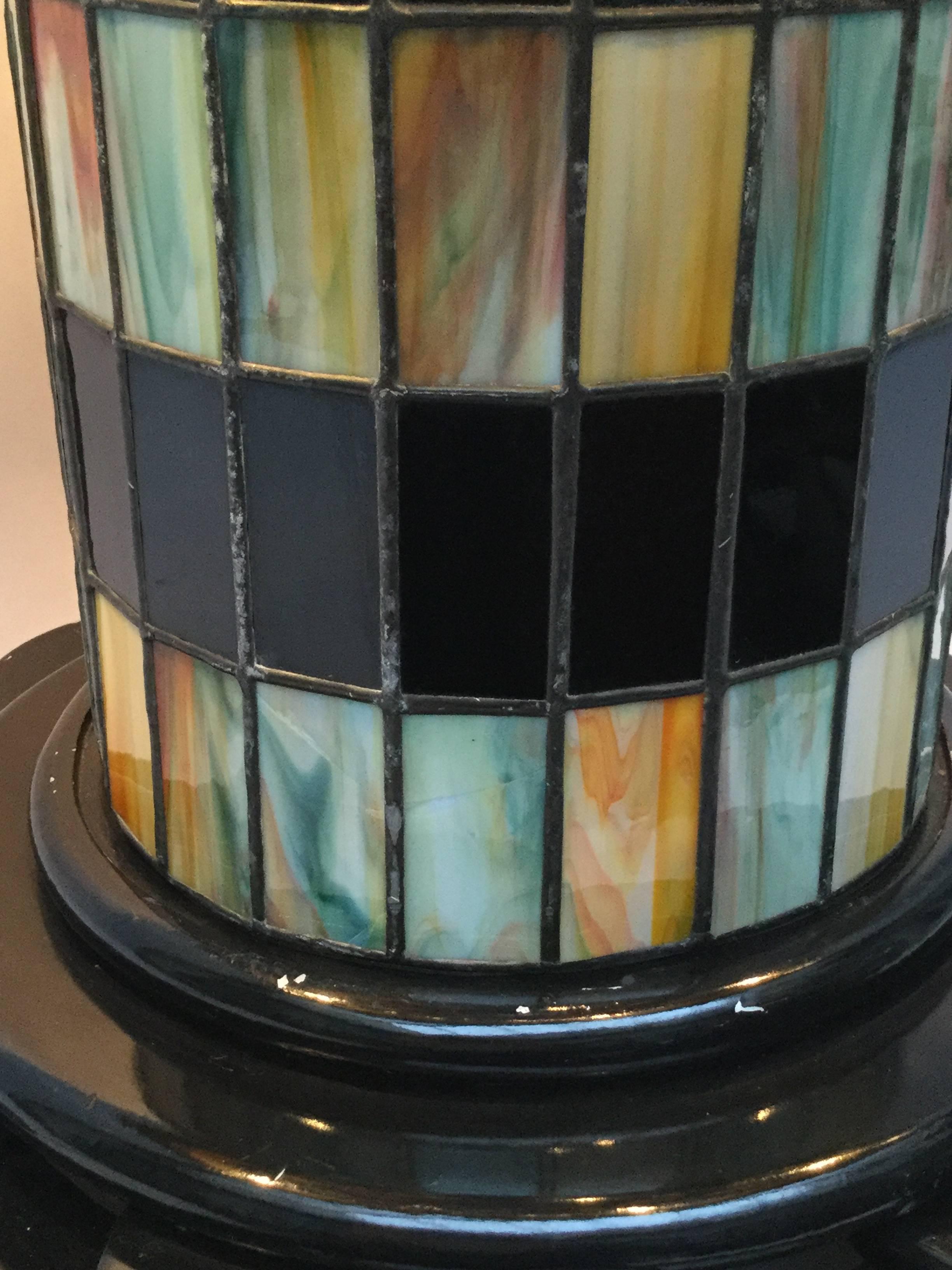 Stained Glass Large Belgian Art Deco Black and Gold Stained Leaded Glass Lamp, circa 1930 For Sale