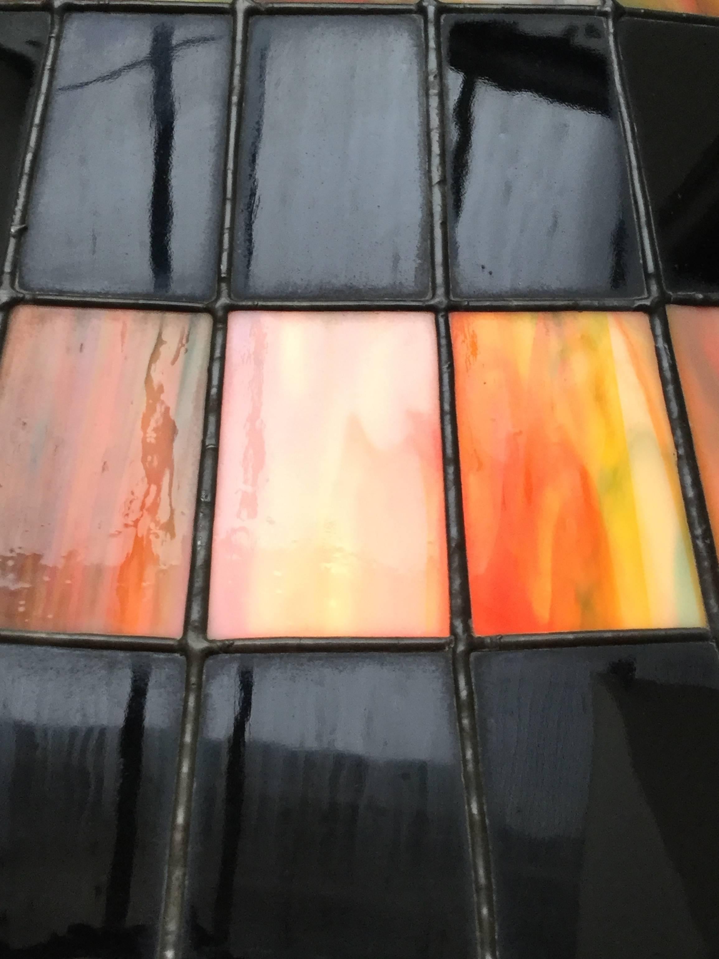 Large Belgian Art Deco Black and Gold Stained Leaded Glass Lamp, circa 1930 For Sale 2