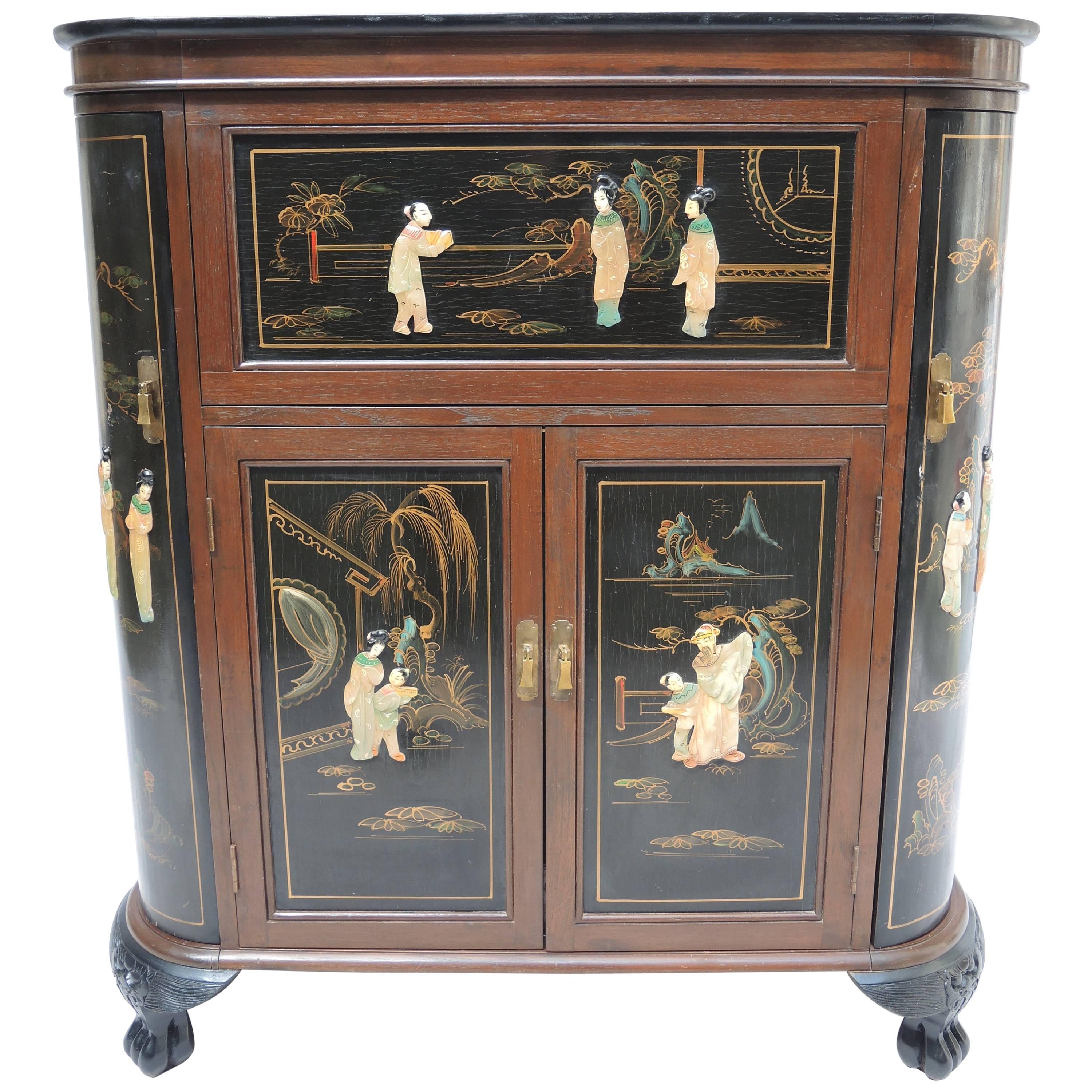 Midcentury Chinoiserie Decorated Bar- Buffet Cabinet For Sale