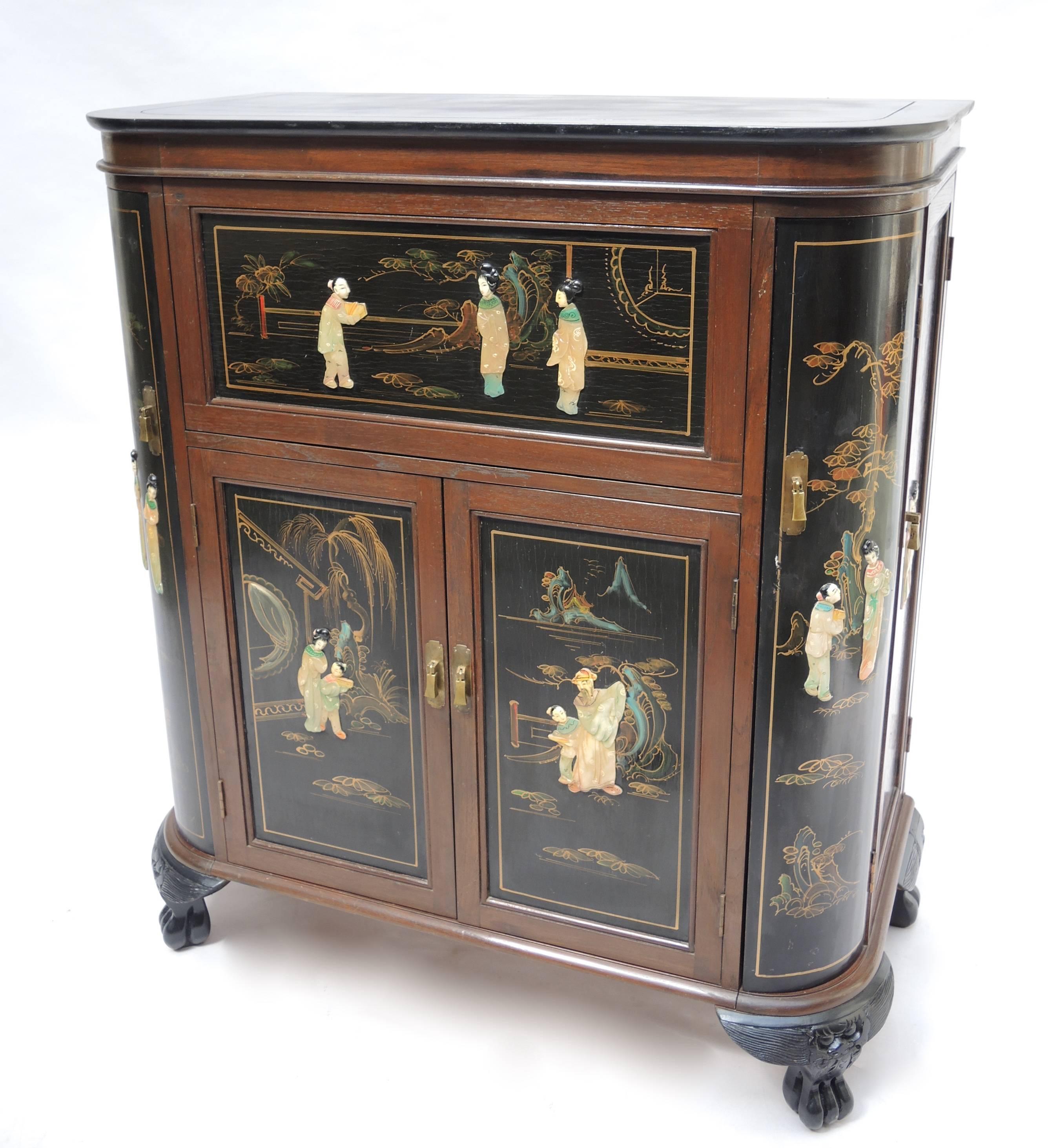 Wood Midcentury Chinoiserie Decorated Bar- Buffet Cabinet For Sale