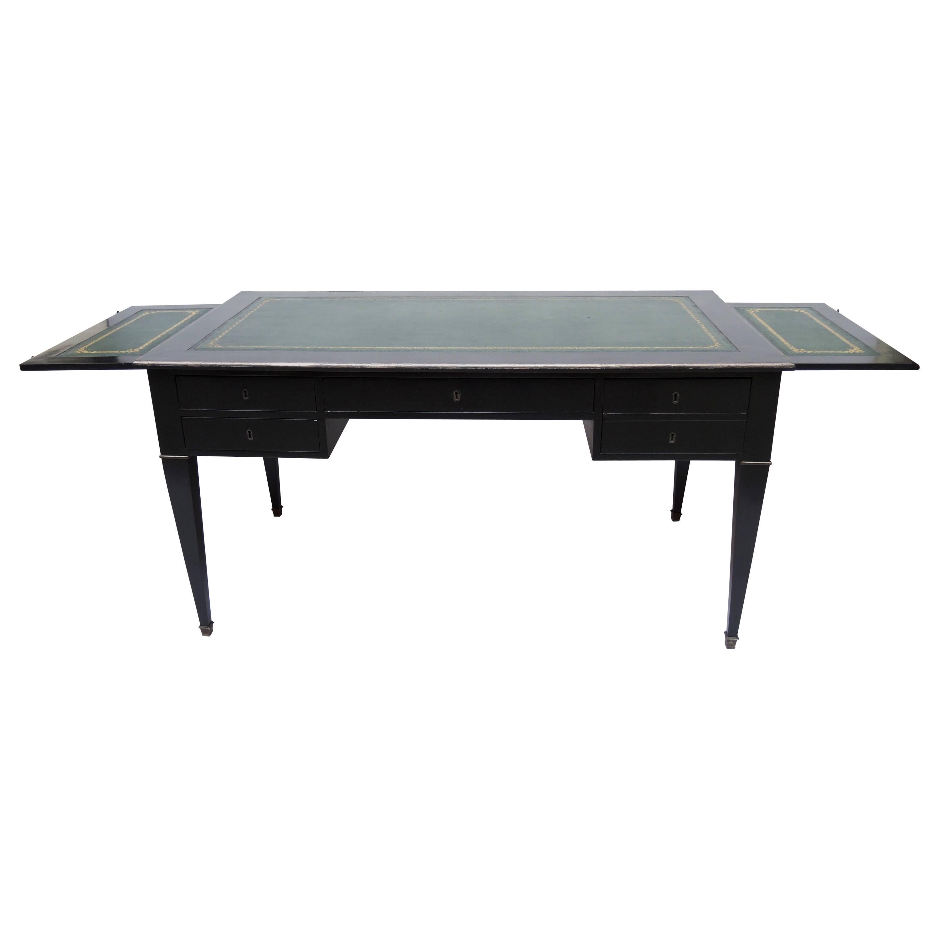Black Ebonized French Empire Desk with Green Leather Writing Surface For Sale