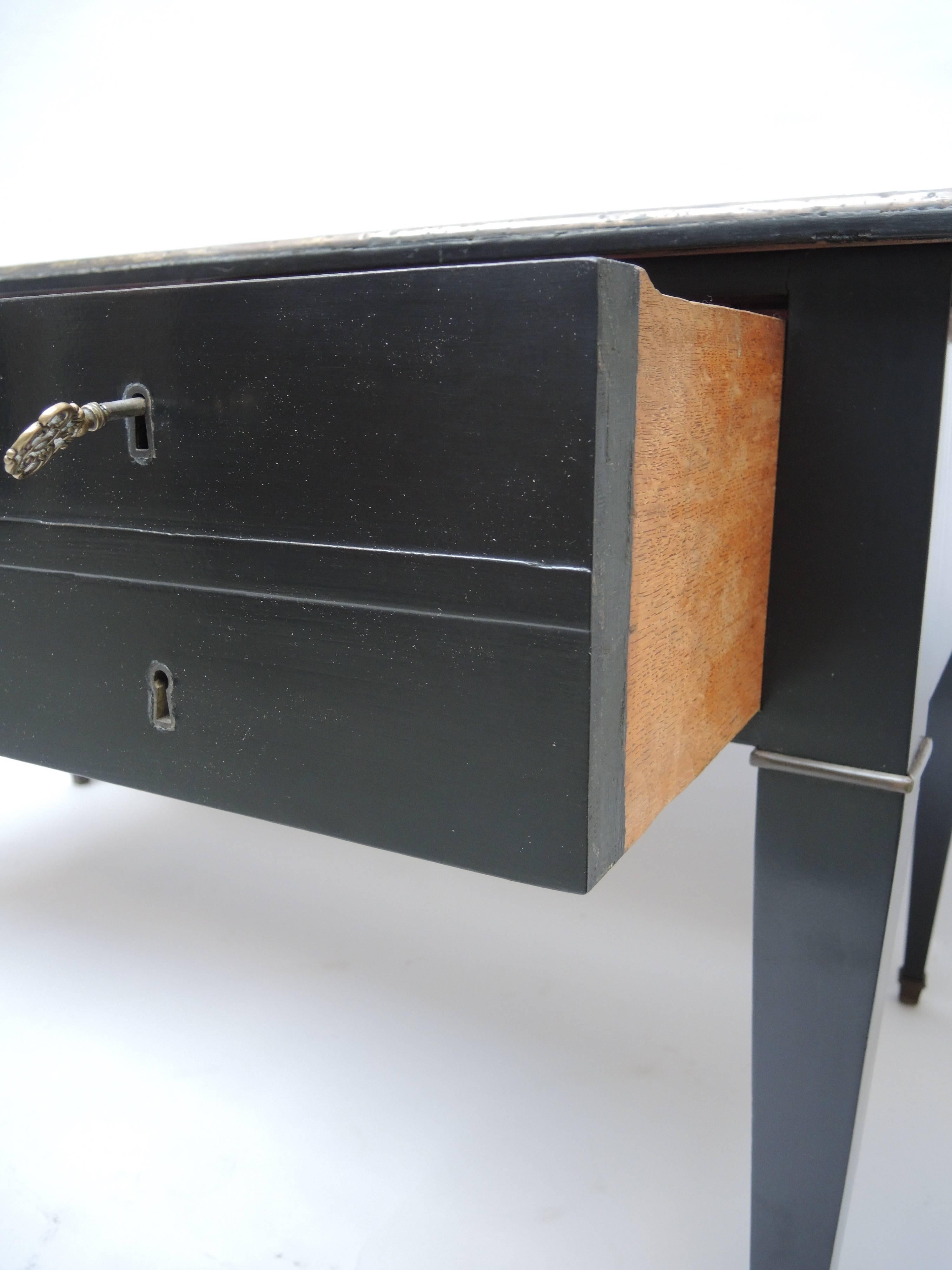 20th Century Black Ebonized French Empire Desk with Green Leather Writing Surface For Sale