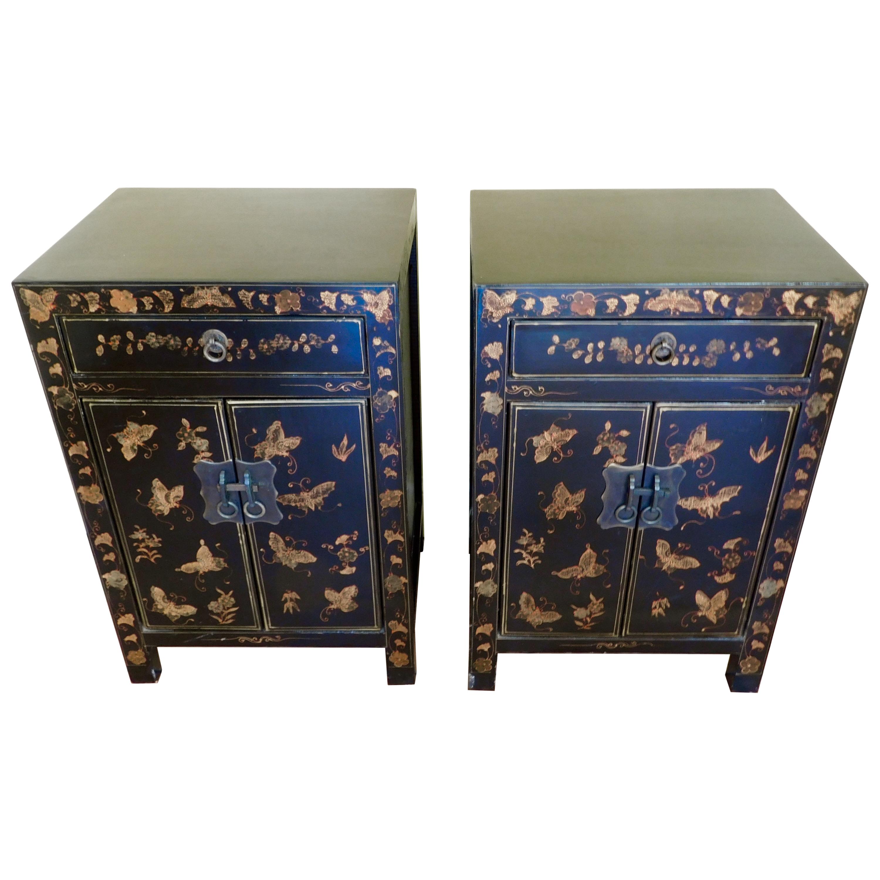 Pair of Chinese Black Lacquer Chinoiserie Bed Side Cabinets or Nightstands