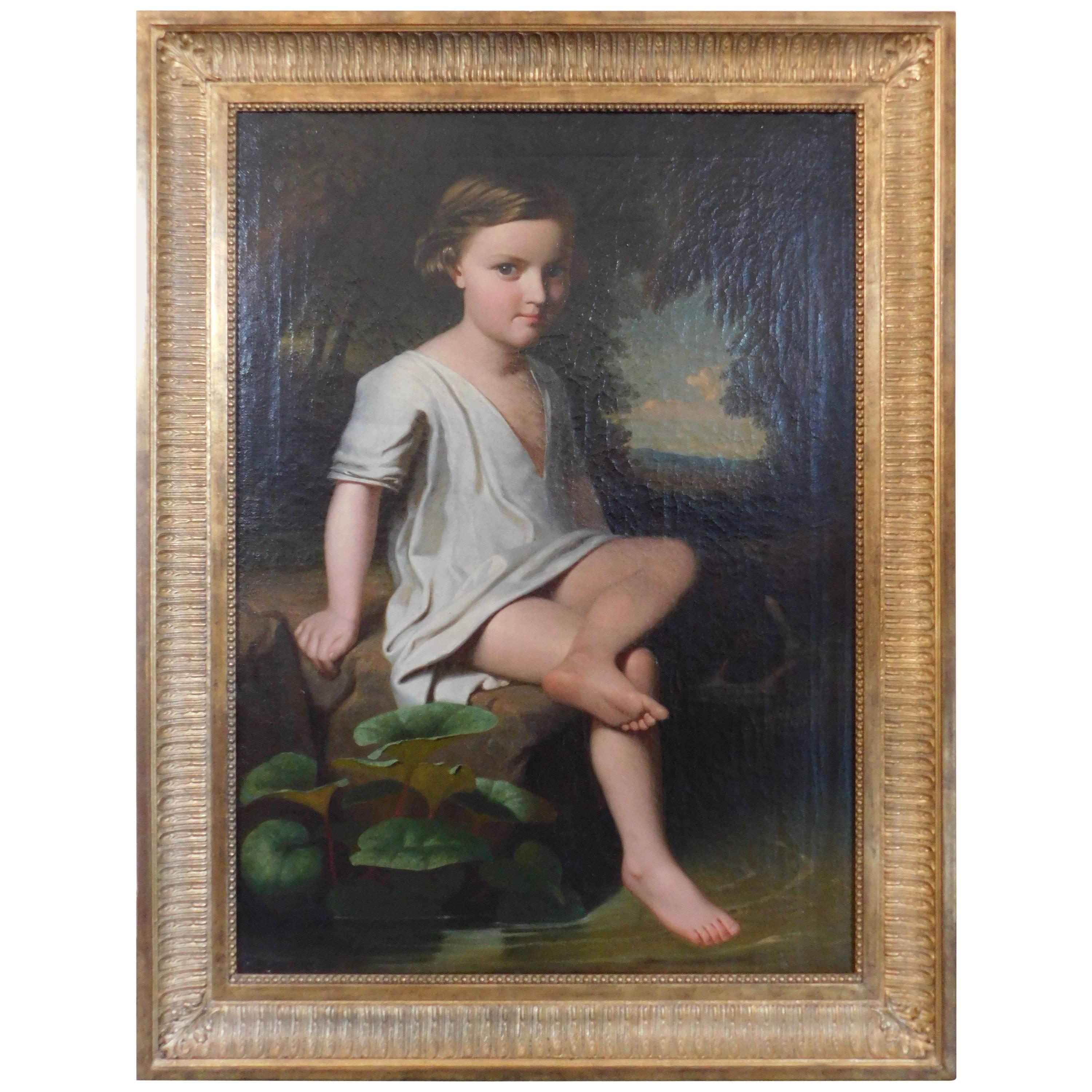 English Regency Painting of a Young Boy Sitting at a Pond, circa 1820