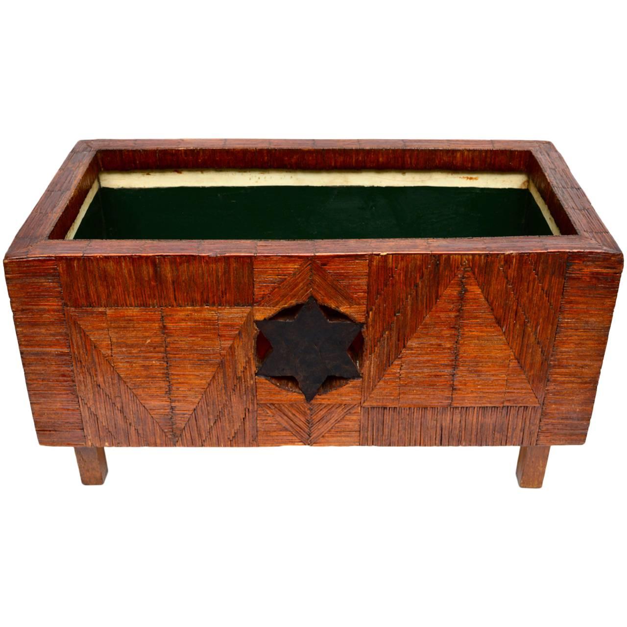 French Folk Art "Prison Art" Matchstick Inlaid Planter With A Star, circa 1930 For Sale
