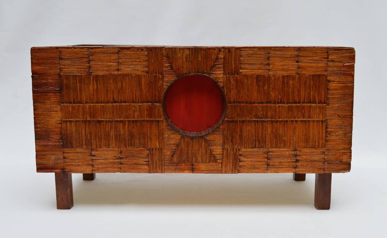 Tole lined French planter covered with a geometric inlaid design completely made from used wood match sticks. This genre of Folk Art is referred to as 